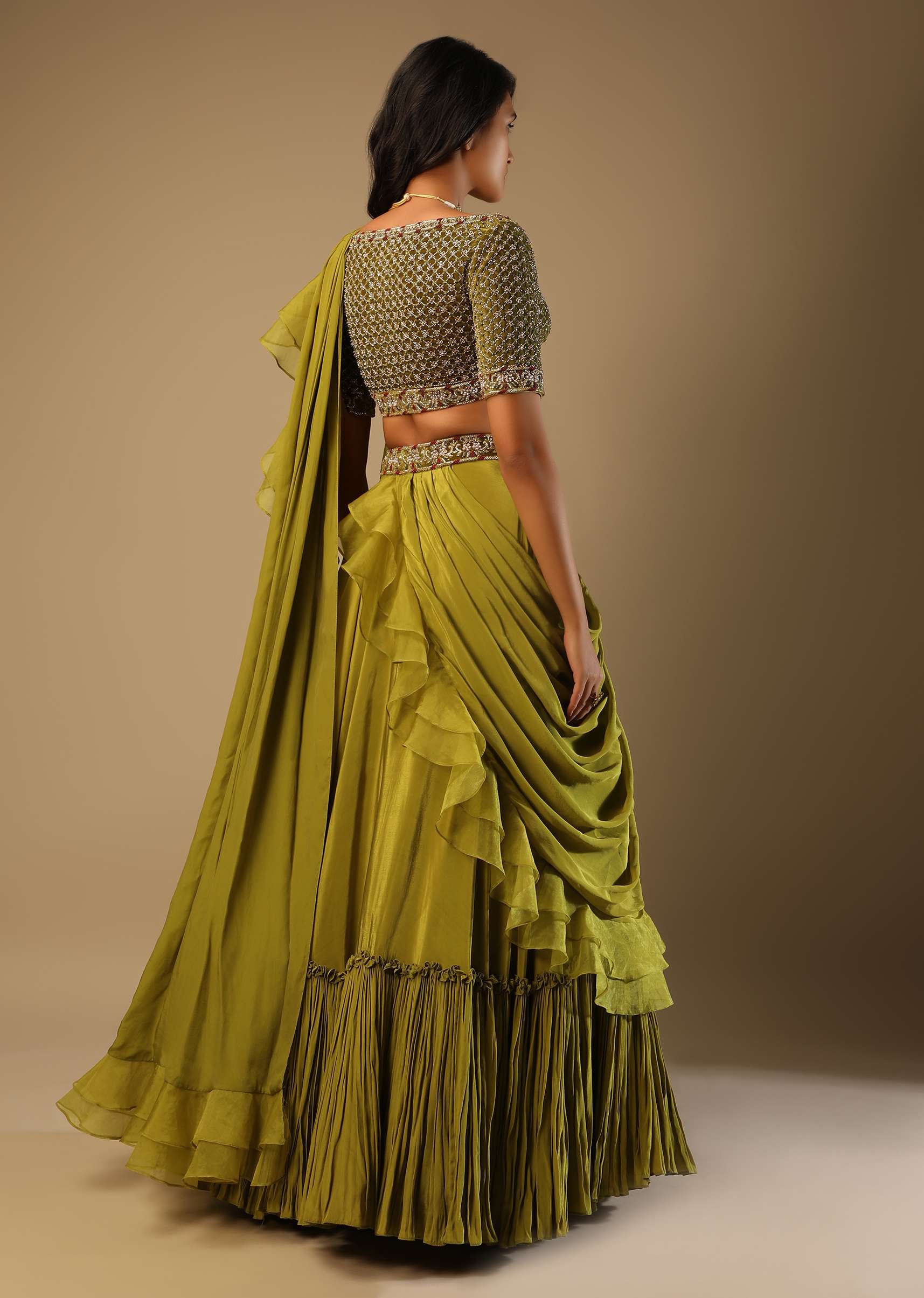 Moss Green Lehenga Saree In Crepe With Frill Drape And Hand Embroidered Choli Using Cut Dana Jaal - Image 6