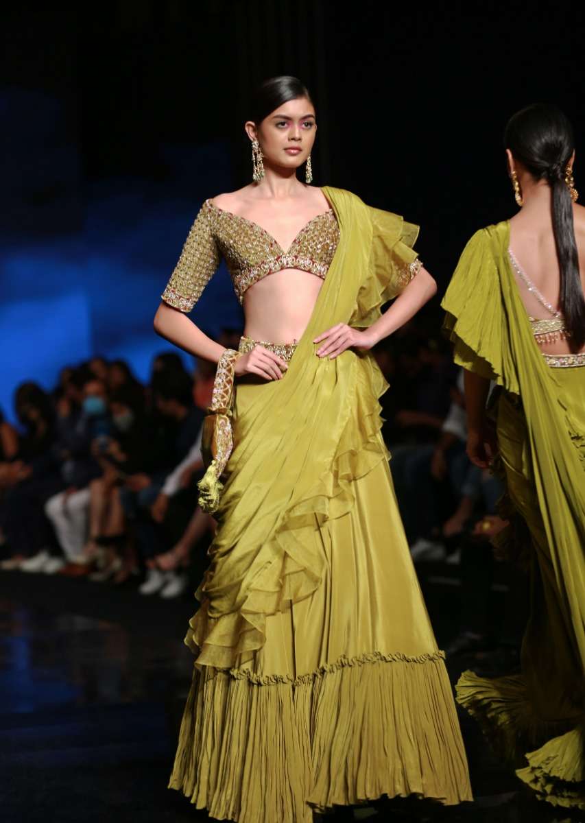 Moss Green Lehenga Saree In Crepe With Frill Drape And Hand Embroidered Choli Using Cut Dana Jaal - Image 7