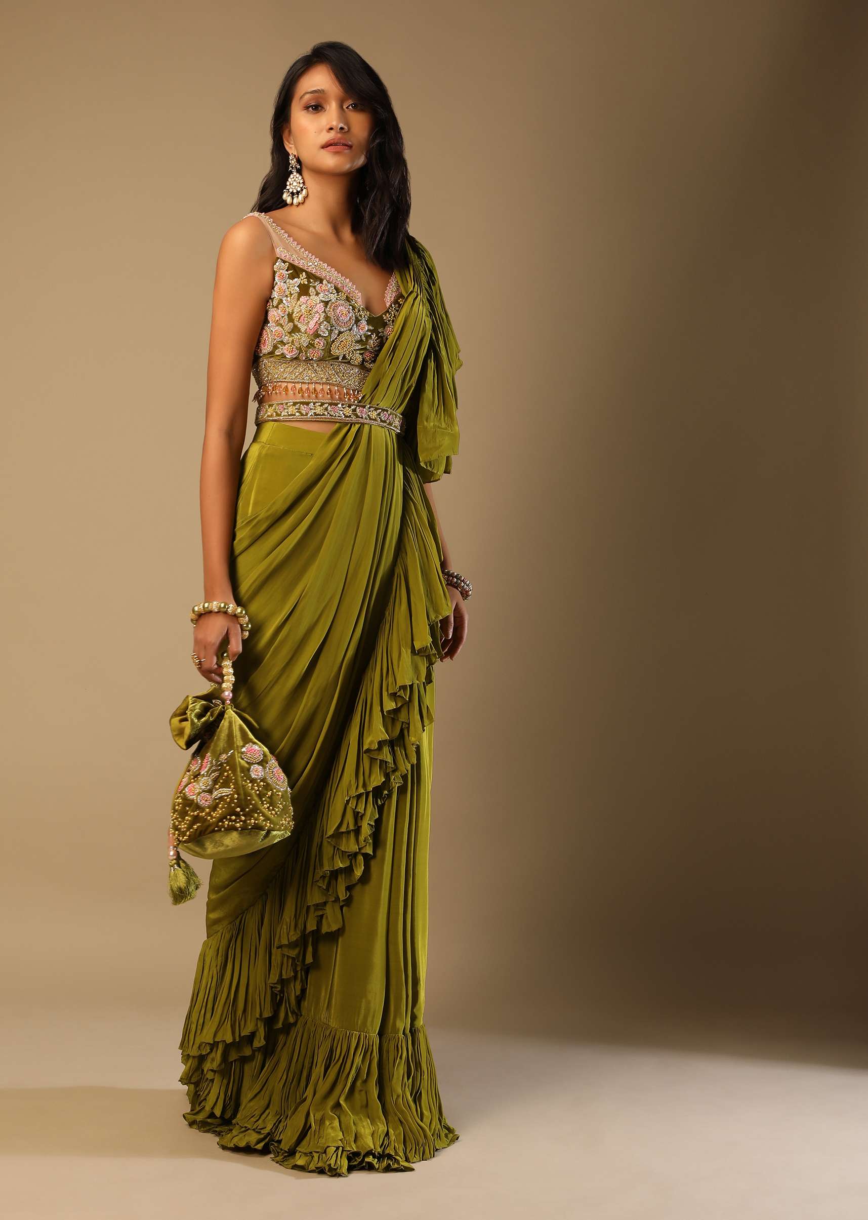 Moss Green Ready Pleated Ruffle Saree In Crepe With Multi Colored Hand Embroidered Floral Blouse - Image 3