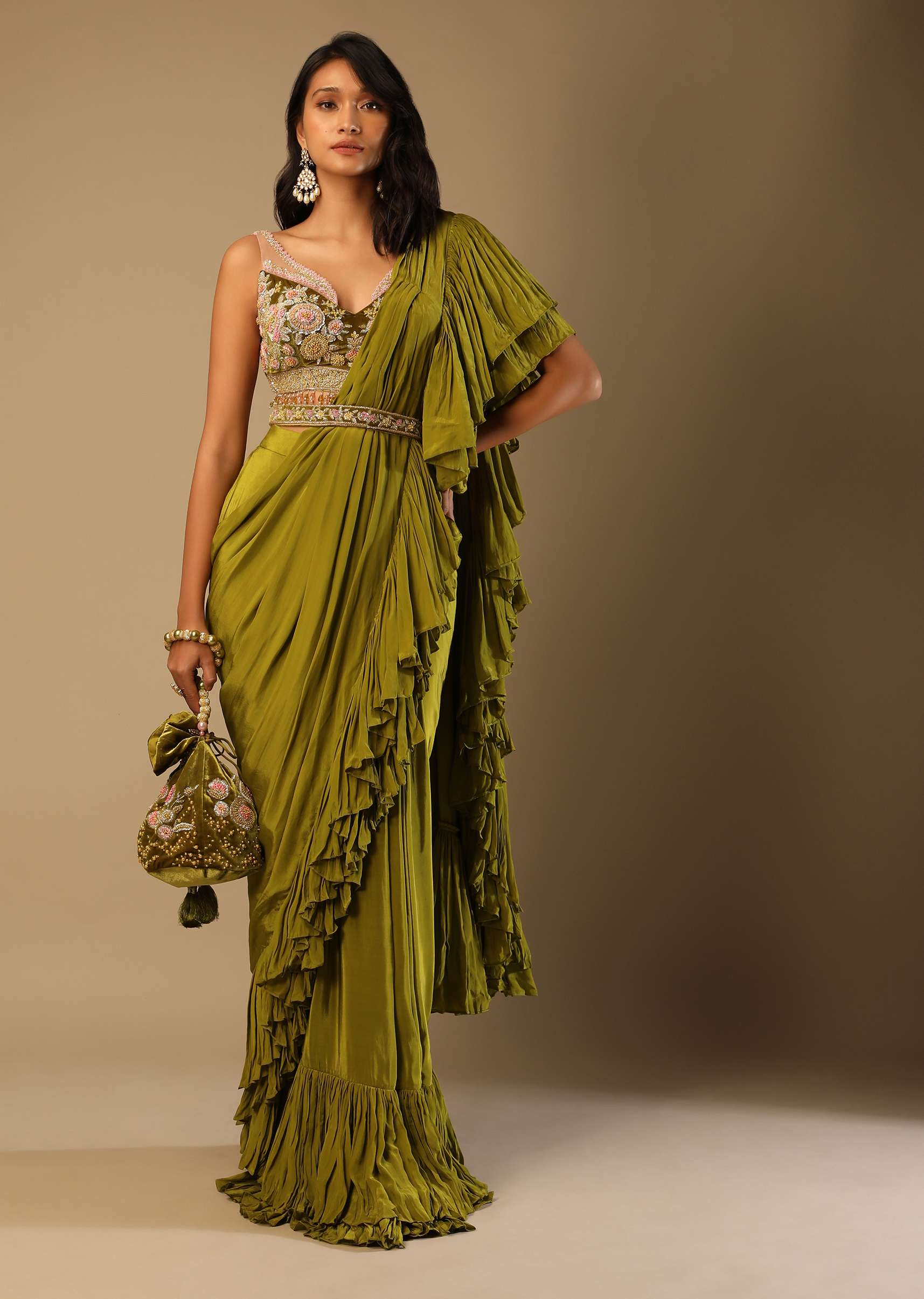 Moss Green Ready Pleated Ruffle Saree In Crepe With Multi Colored Hand Embroidered Floral Blouse - Image 4