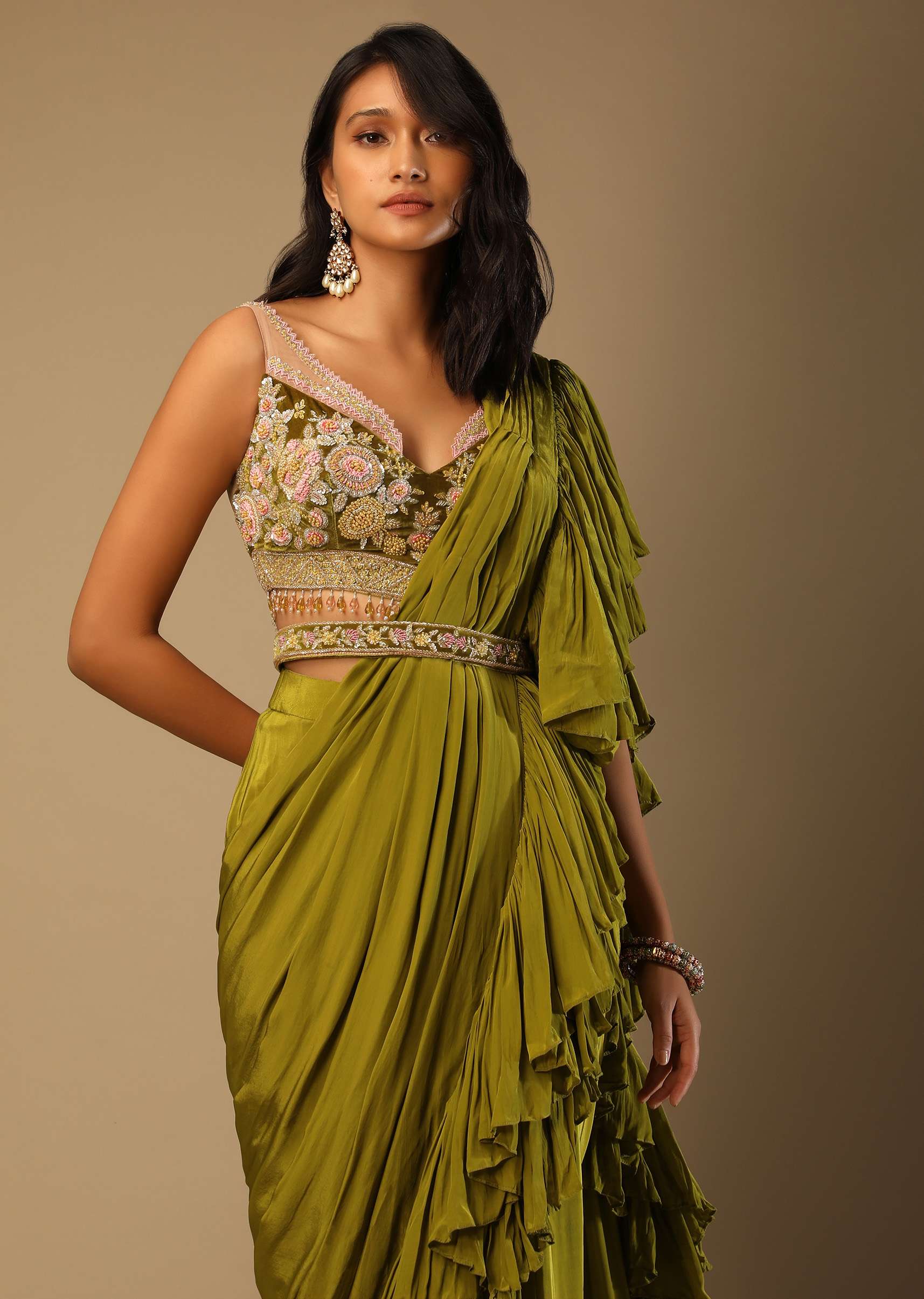 Moss Green Ready Pleated Ruffle Saree In Crepe With Multi Colored Hand Embroidered Floral Blouse - Image 5