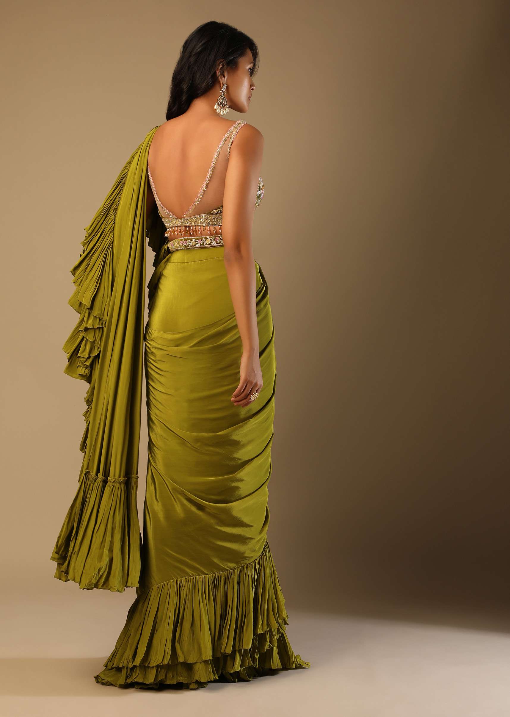 Moss Green Ready Pleated Ruffle Saree In Crepe With Multi Colored Hand Embroidered Floral Blouse - Image 6