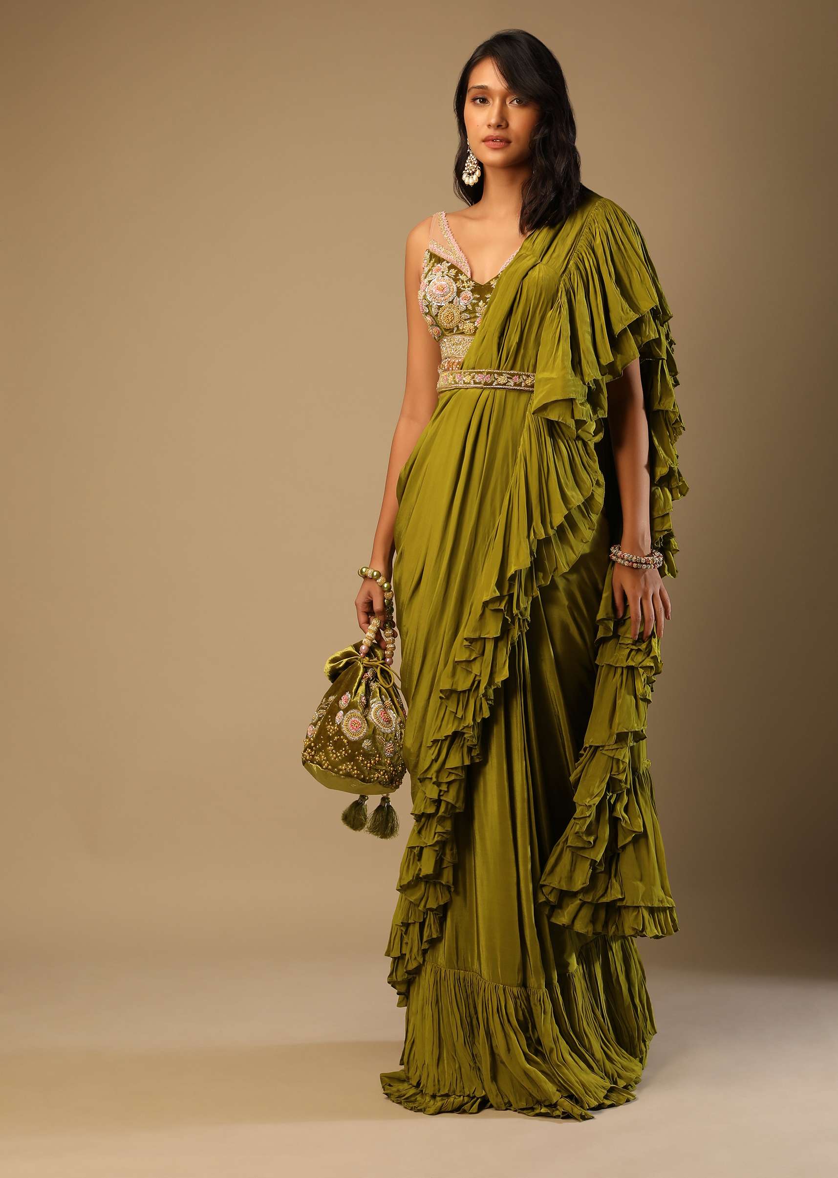Moss Green Ready Pleated Ruffle Saree In Crepe With Multi Colored Hand Embroidered Floral Blouse - Image 7