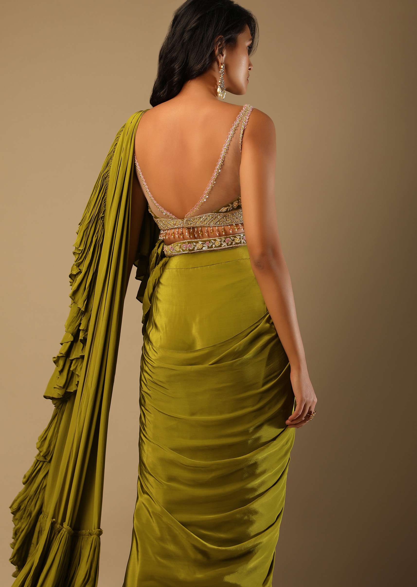 Moss Green Ready Pleated Ruffle Saree In Crepe With Multi Colored Hand Embroidered Floral Blouse - Image 8