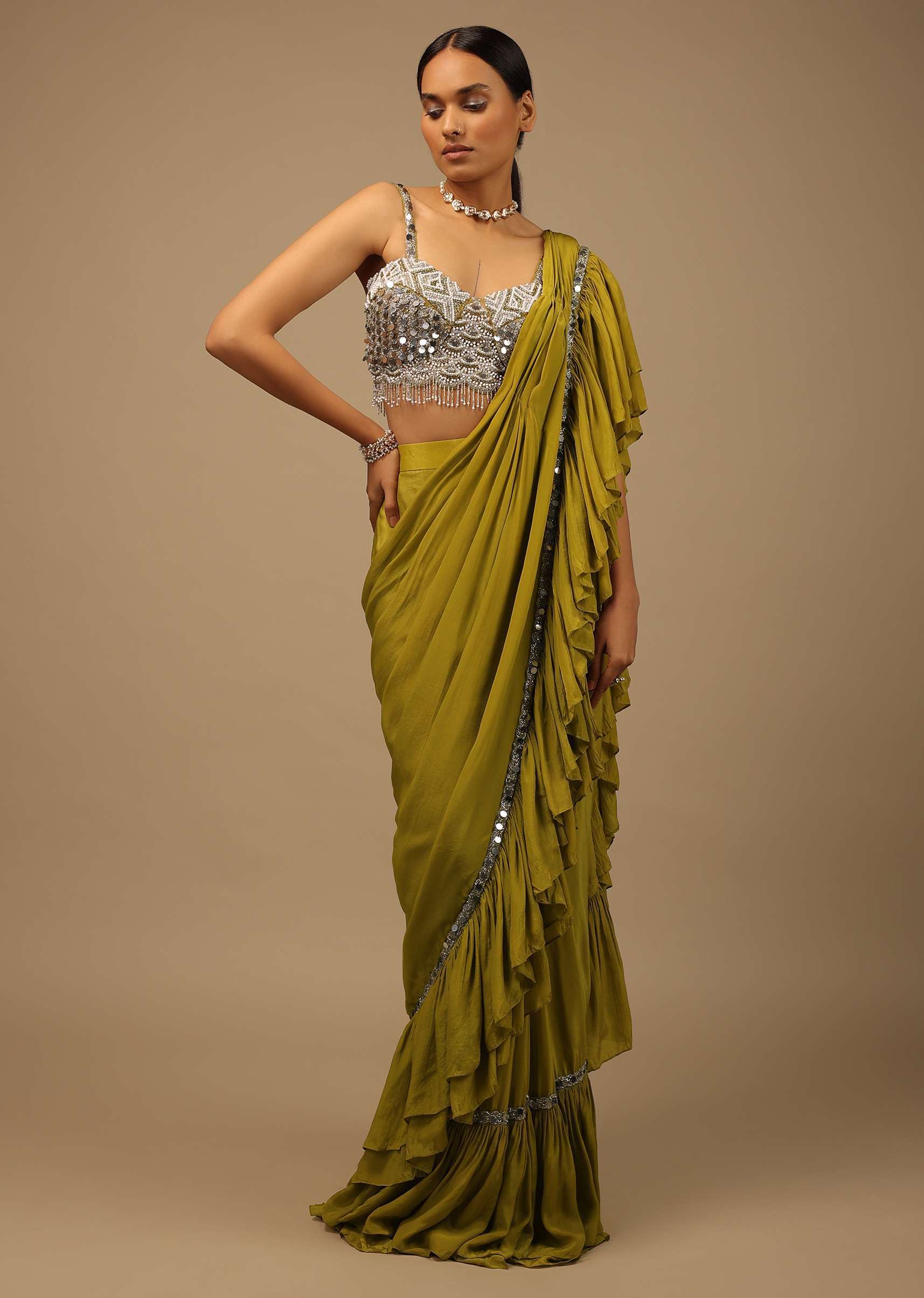 Moss Green Ready Pleated Ruffle Saree With A Heavy Sequins And Cut Dana Embroidered Crop Top - Image 3