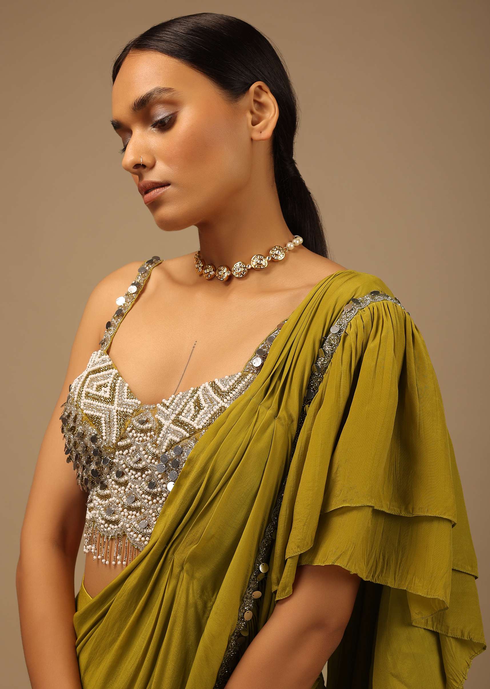 Moss Green Ready Pleated Ruffle Saree With A Heavy Sequins And Cut Dana Embroidered Crop Top - Image 5