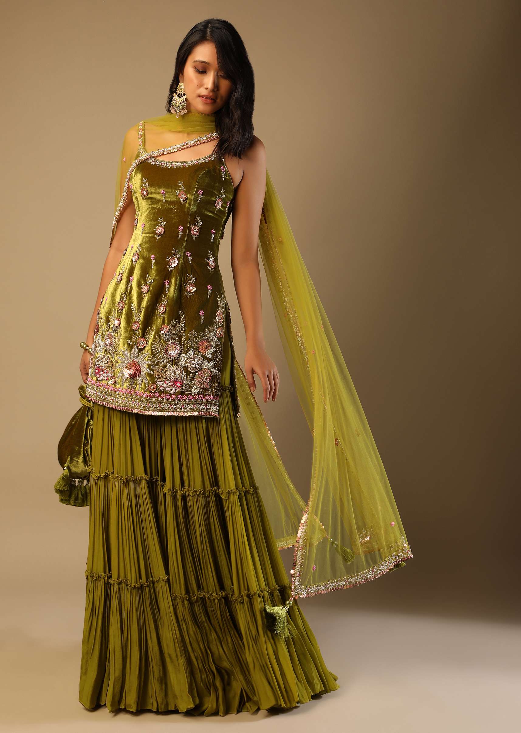 Moss Green Sharara Suit In Velvet With Multi Colored Hand Embroidery In Floral Motifs - Image 3