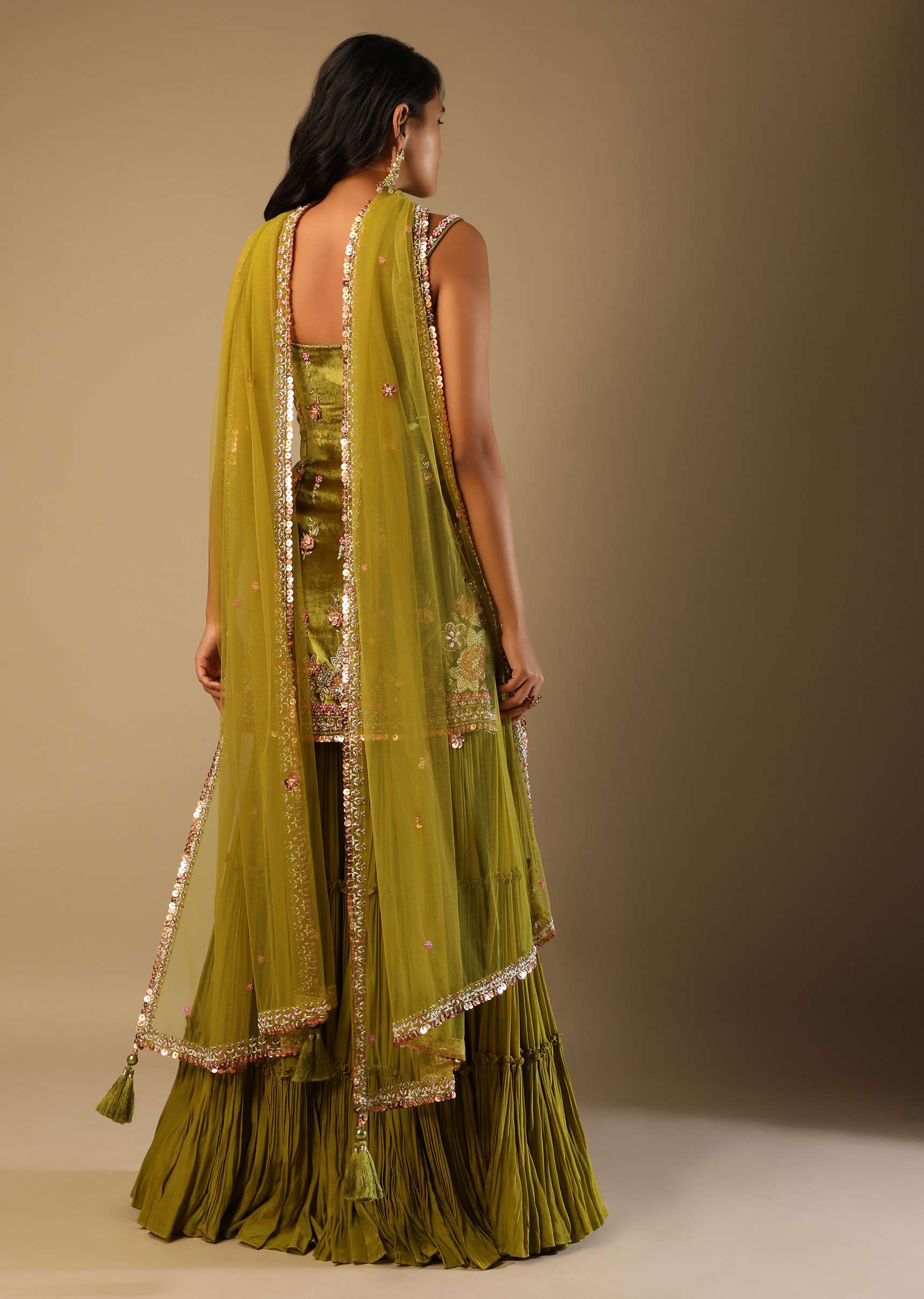 Moss Green Sharara Suit In Velvet With Multi Colored Hand Embroidery In Floral Motifs - Image 4