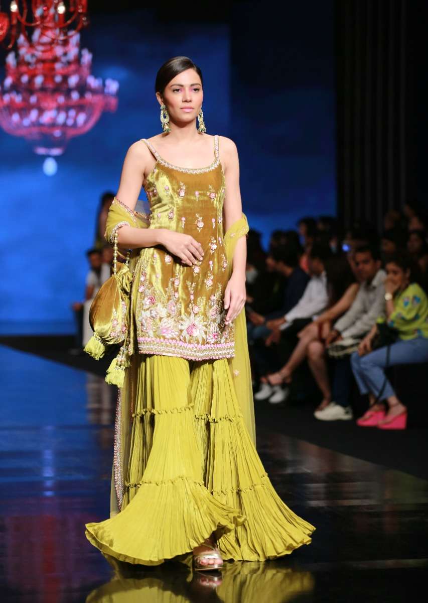 Moss Green Sharara Suit In Velvet With Multi Colored Hand Embroidery In Floral Motifs - Image 5