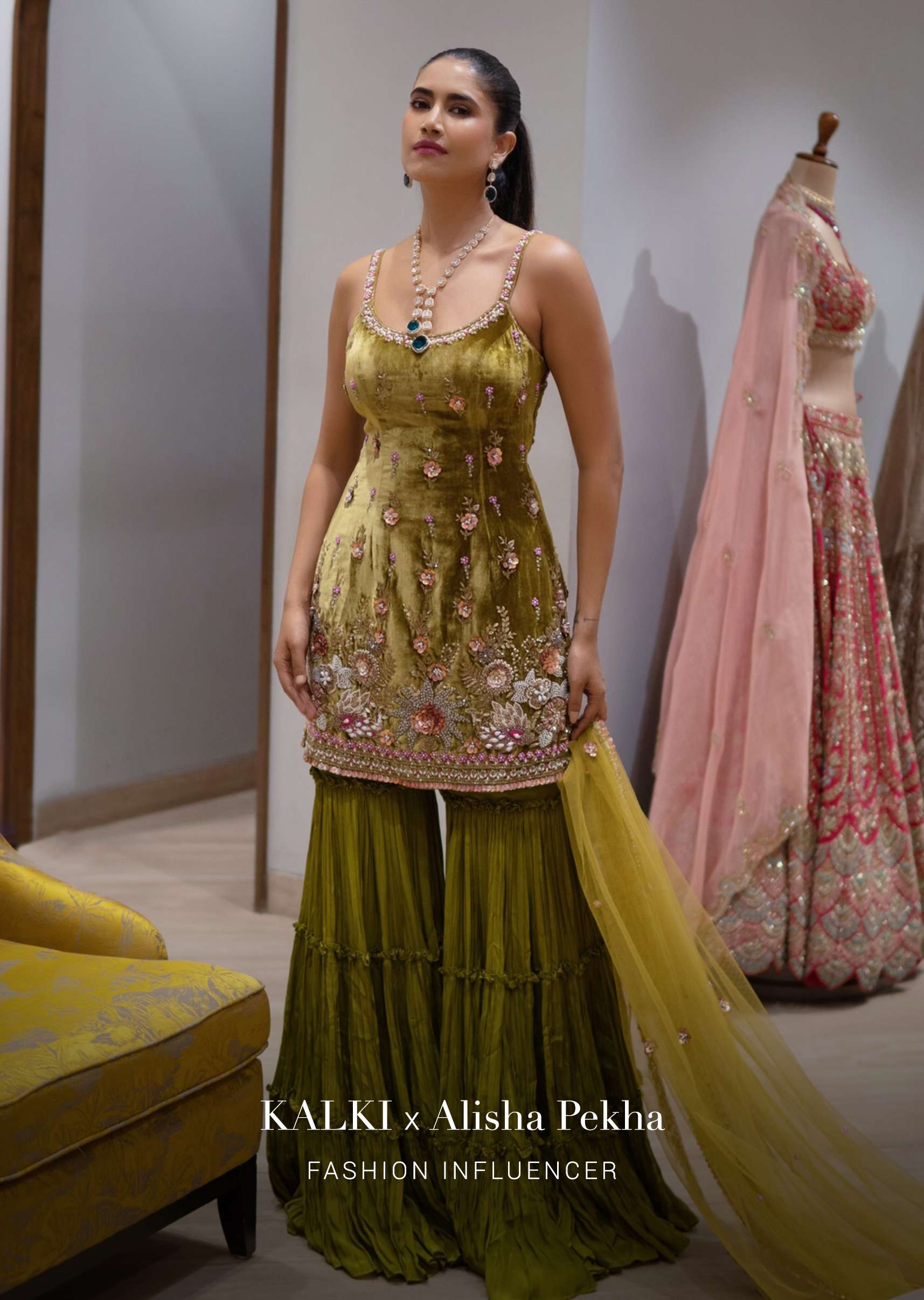 Moss Green Sharara Suit In Velvet With Multi Colored Hand Embroidery In Floral Motifs - Image 6