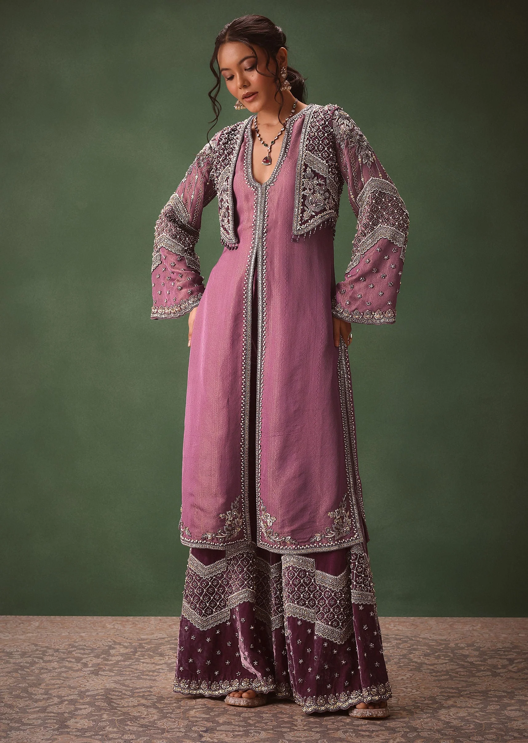 Mauve Straight Kurta With Embroidered Jacket And Bell Bottom Pants - Image 4