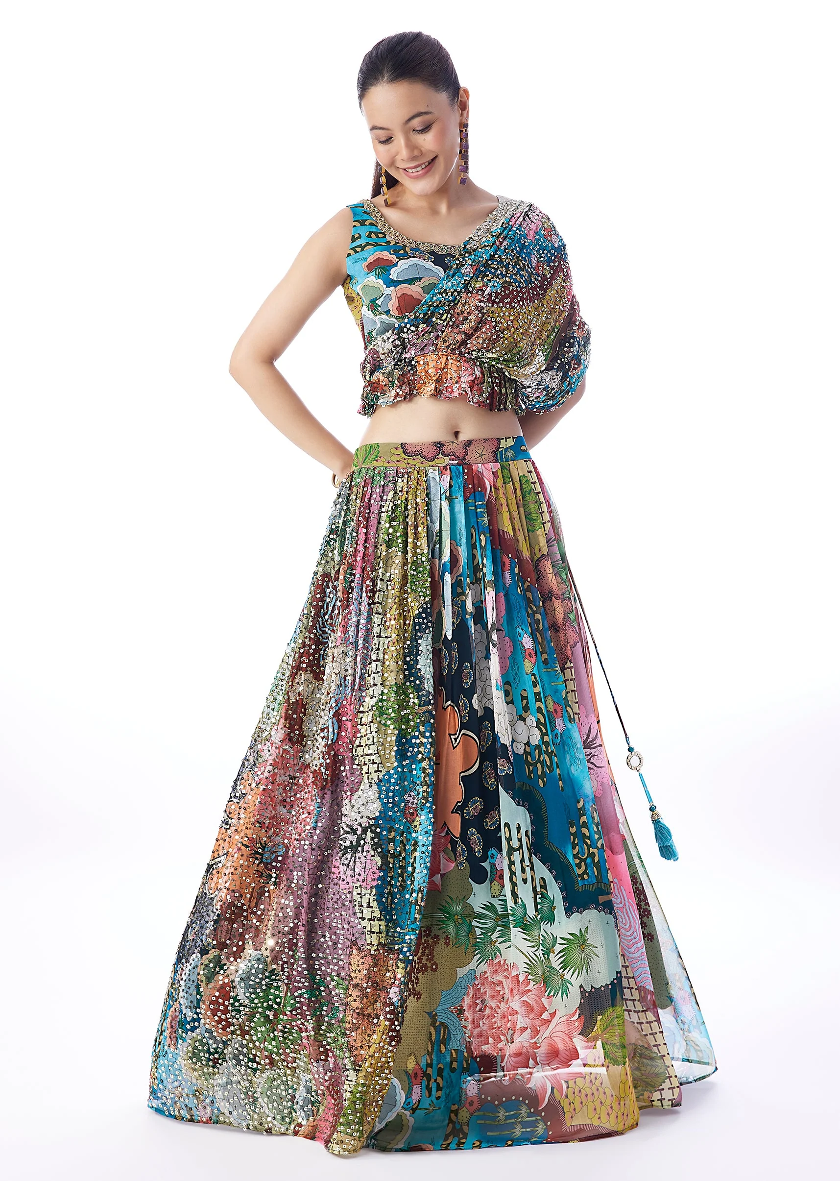 Multi Abstract Sequins Printed Lehenga