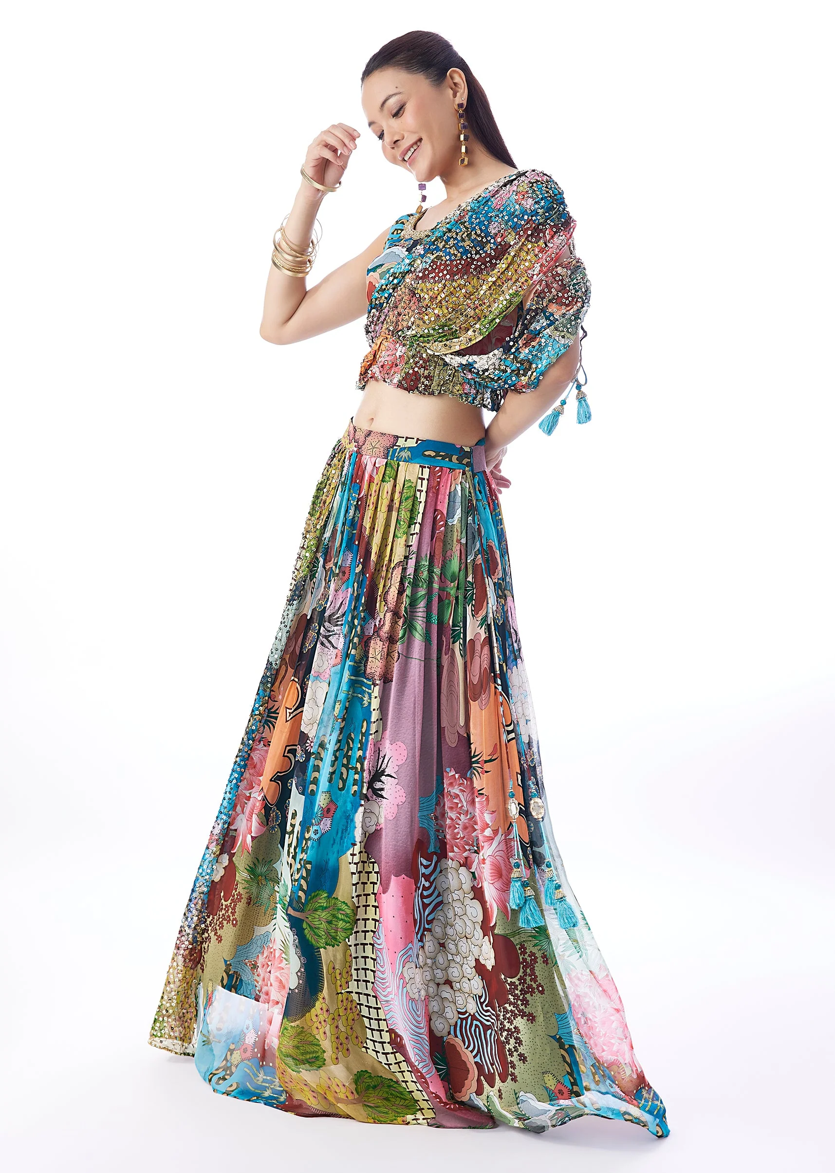 Multi Abstract Sequins Printed Lehenga - Image 4