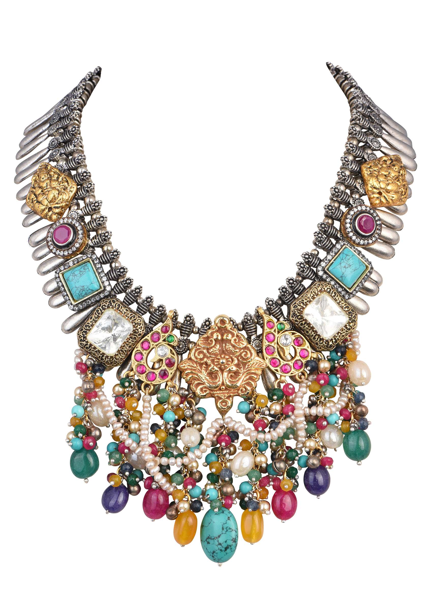 Multi Color Oxidised Kundan Necklace With Bead Drops - Image 2