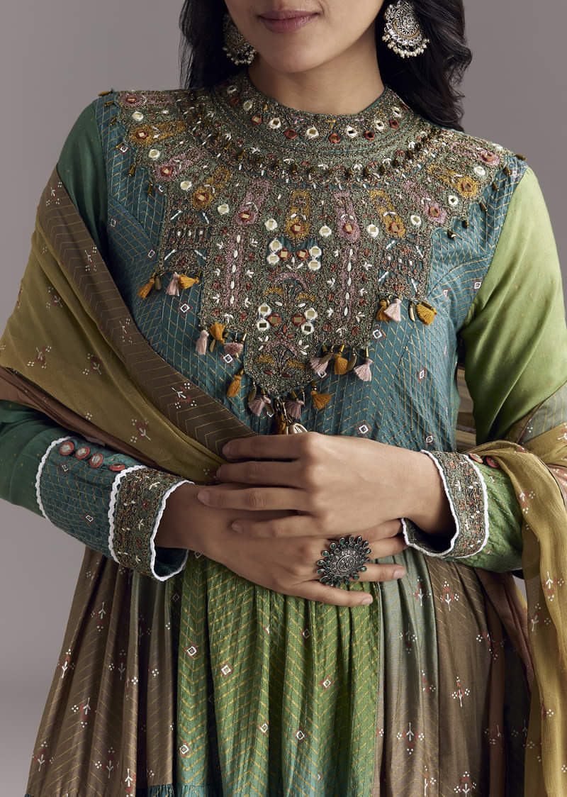 Multi Color Printed Chanderi Anarkali With Stitch Work - Image 2