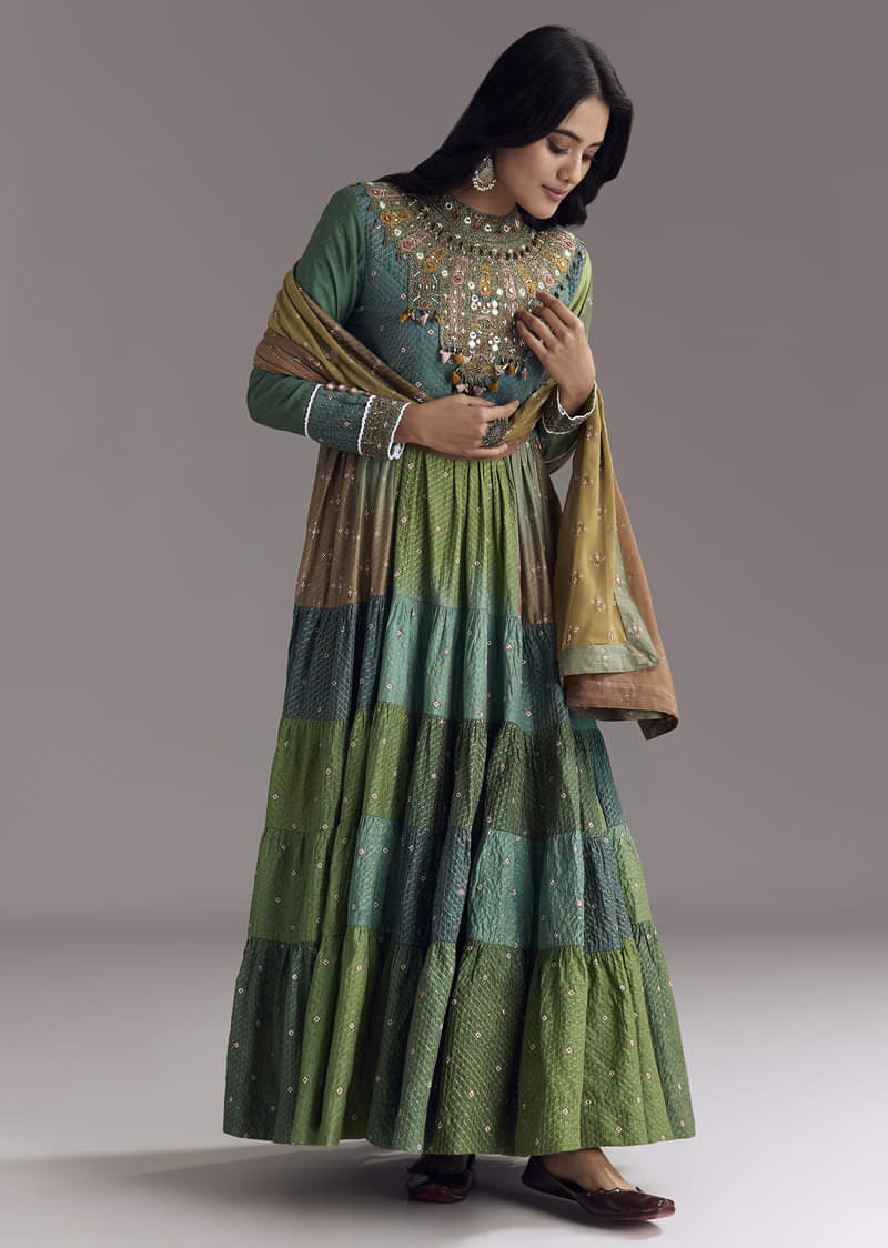 Multi Color Printed Chanderi Anarkali With Stitch Work - Image 3