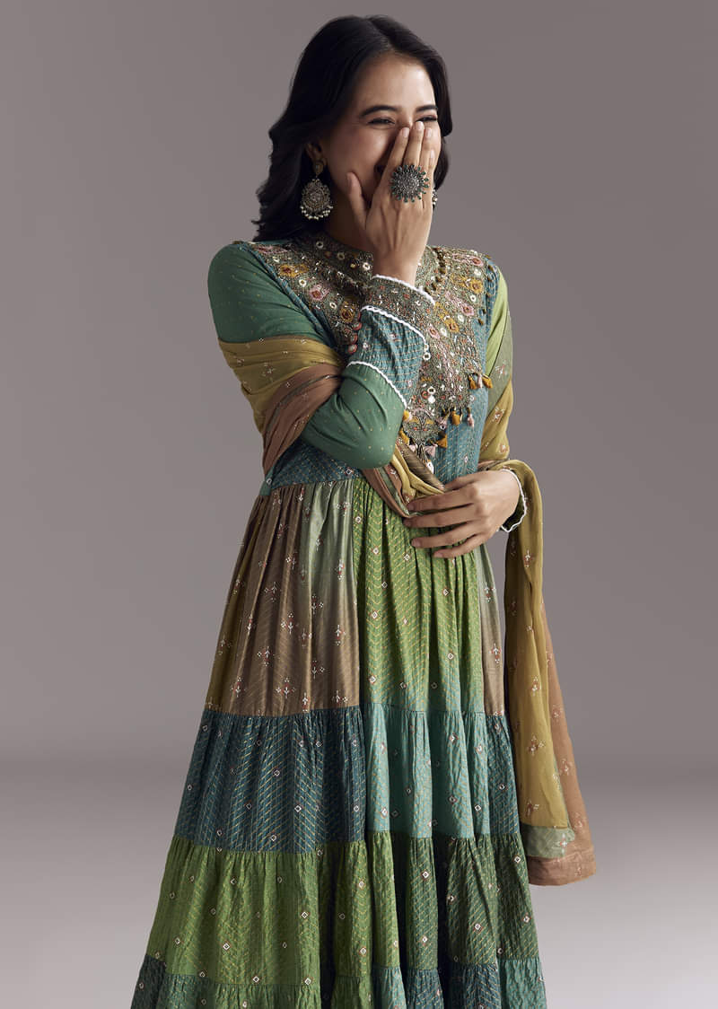 Multi Color Printed Chanderi Anarkali With Stitch Work - Image 4