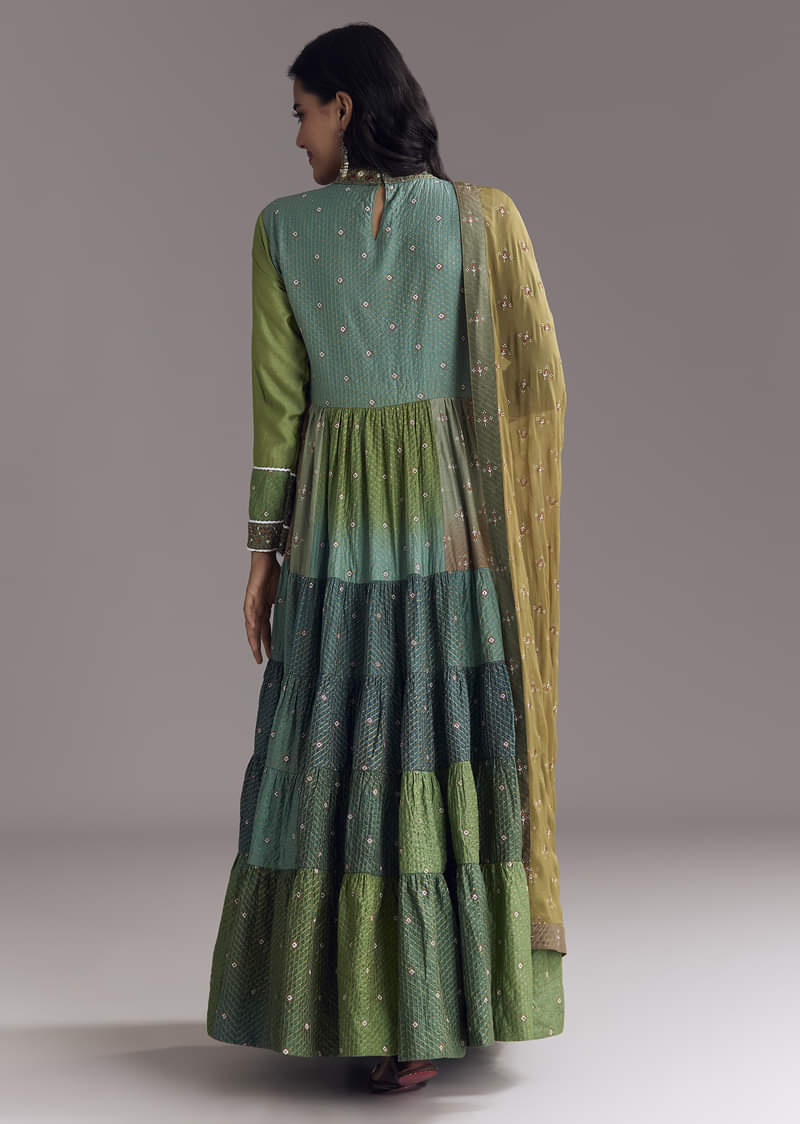 Multi Color Printed Chanderi Anarkali With Stitch Work - Image 5