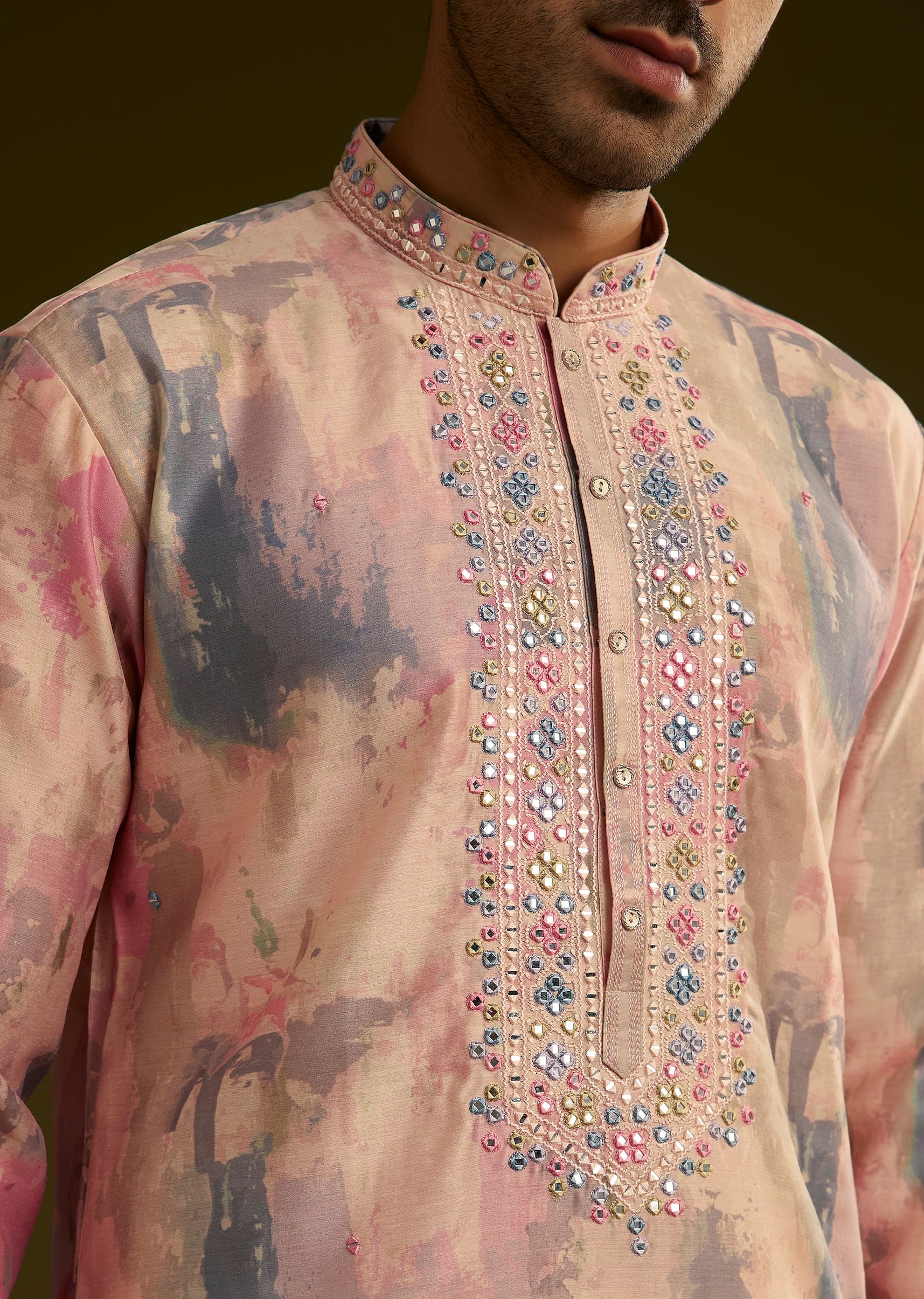 Multi Colored Abstract Printed Silk Kurta Set - Image 3