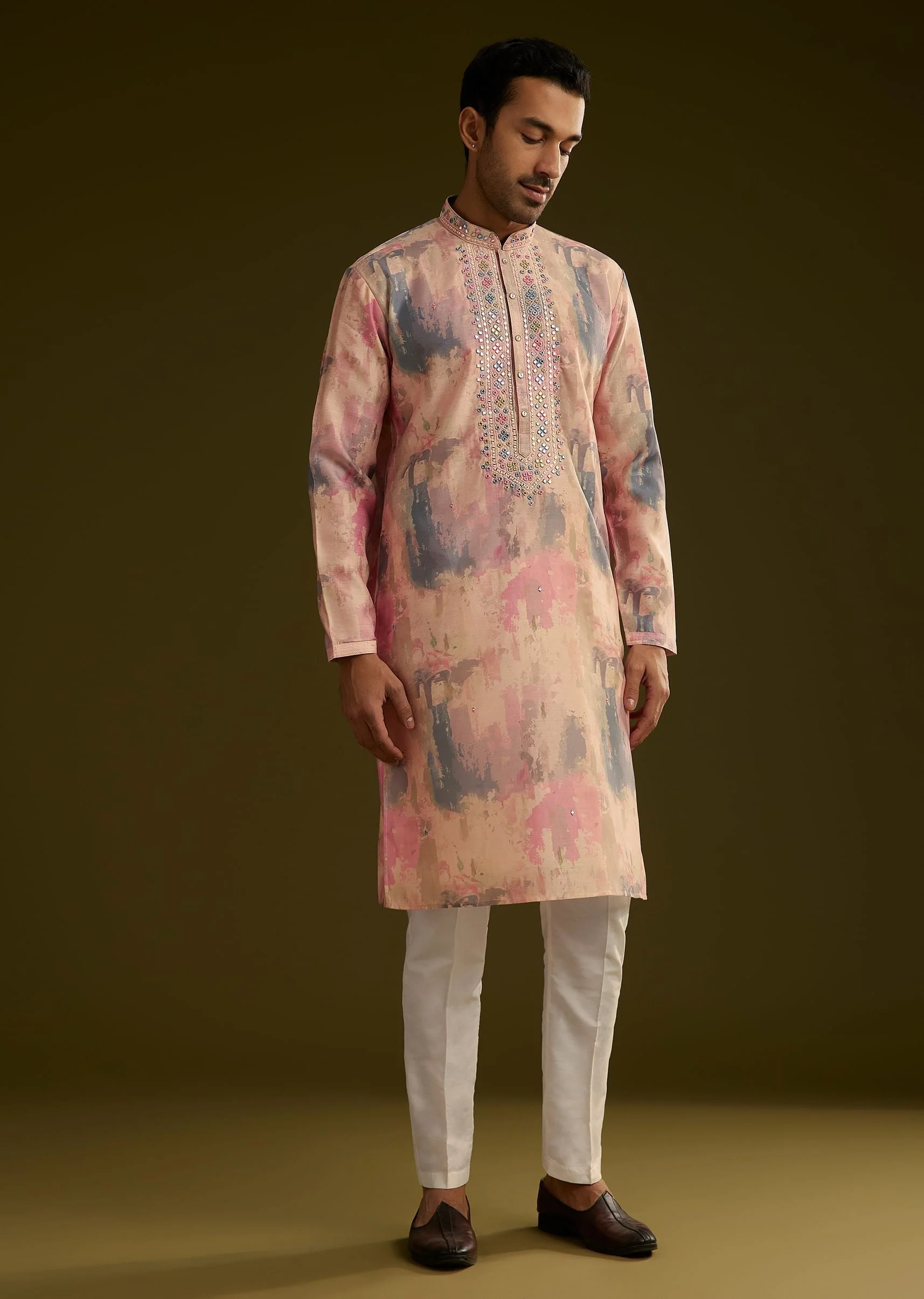 Multi Colored Abstract Printed Silk Kurta Set - Image 4