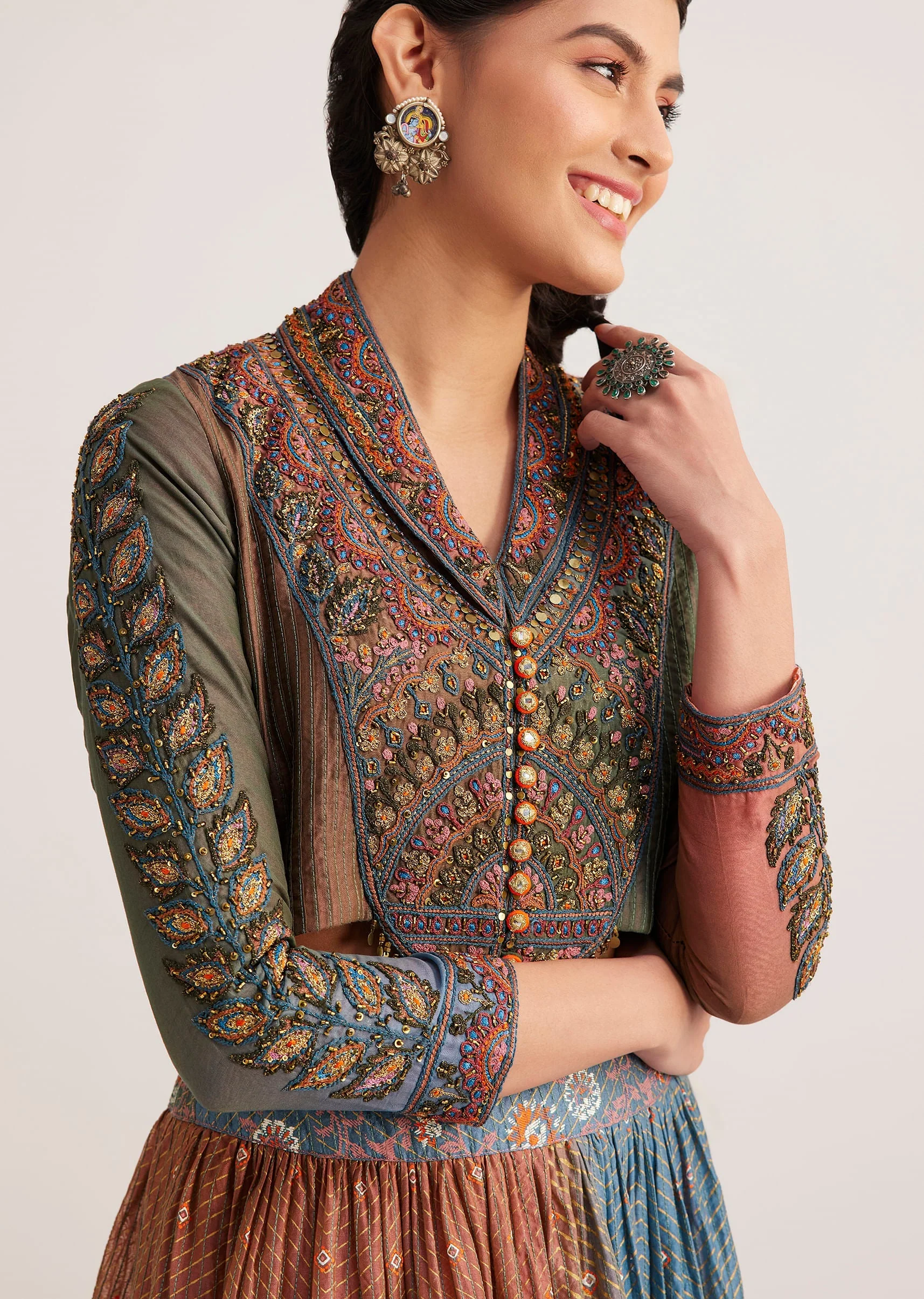 Multi Colored Chanderi Skirt Set With Kantha Embroidery - Image 2