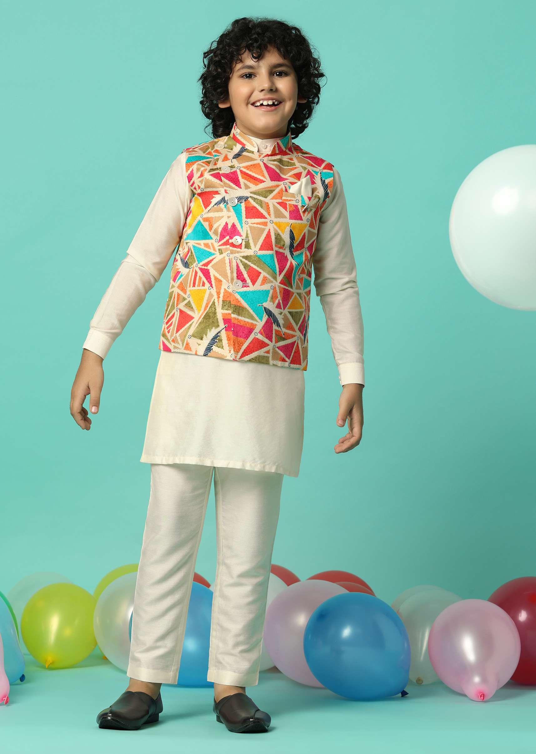 Multi-Colored Festive Jacket Kurta Set For Boys - Image 3