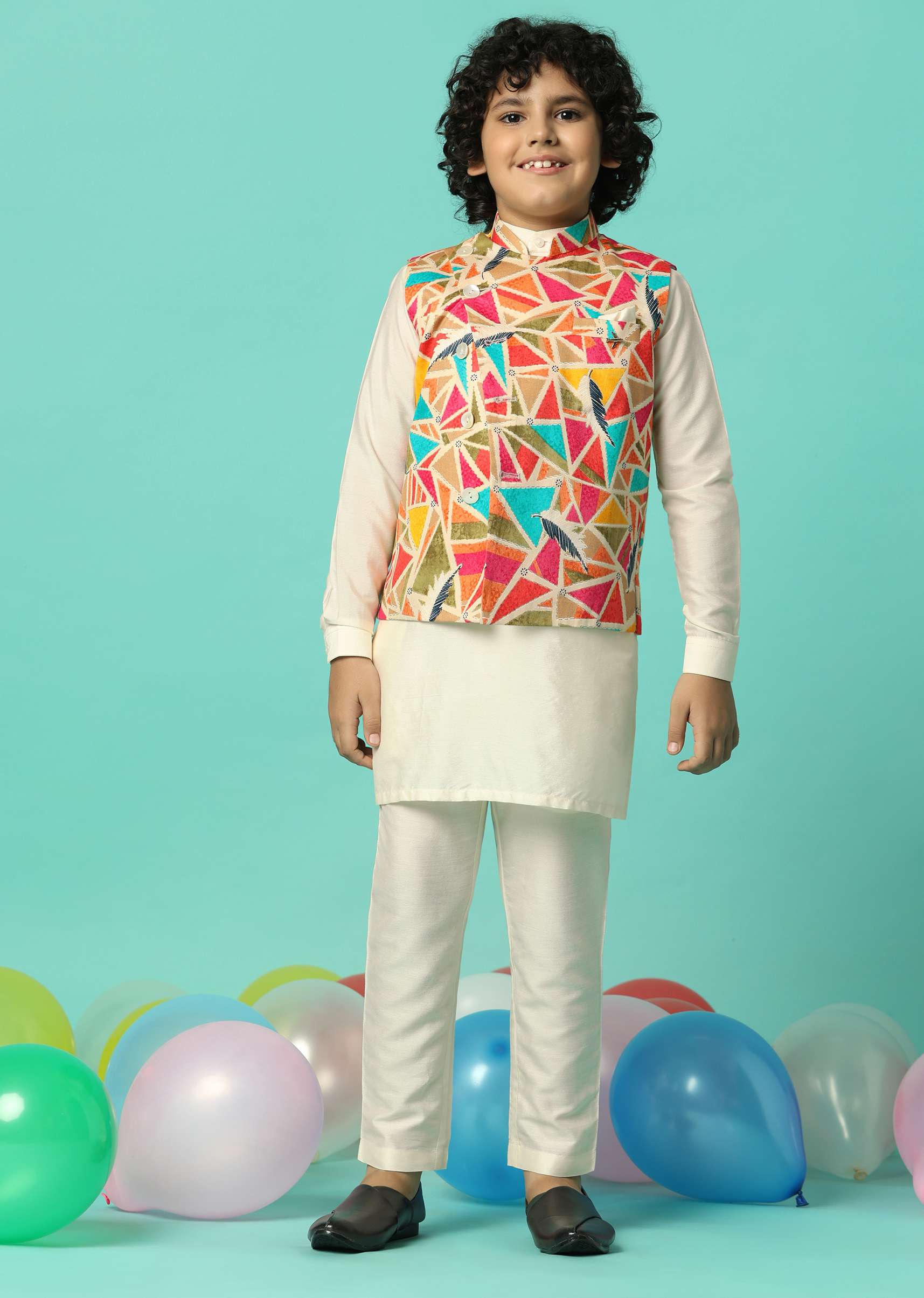 Multi-Colored Festive Jacket Kurta Set For Boys - Image 4