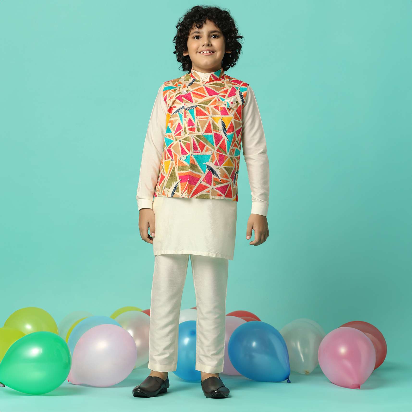 Multi-Colored Festive Jacket Kurta Set For Boys - Image 5