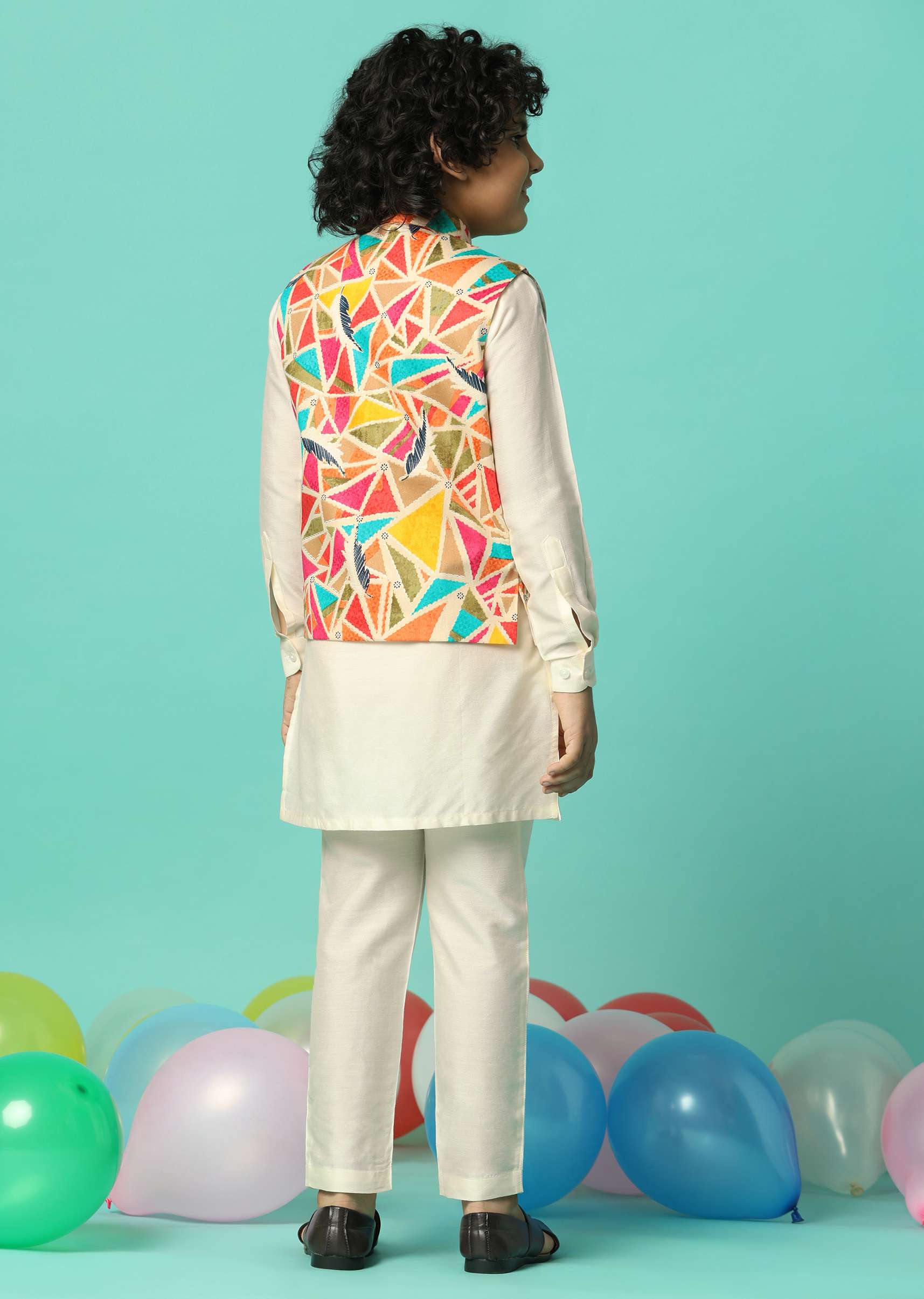 Multi-Colored Festive Jacket Kurta Set For Boys - Image 6