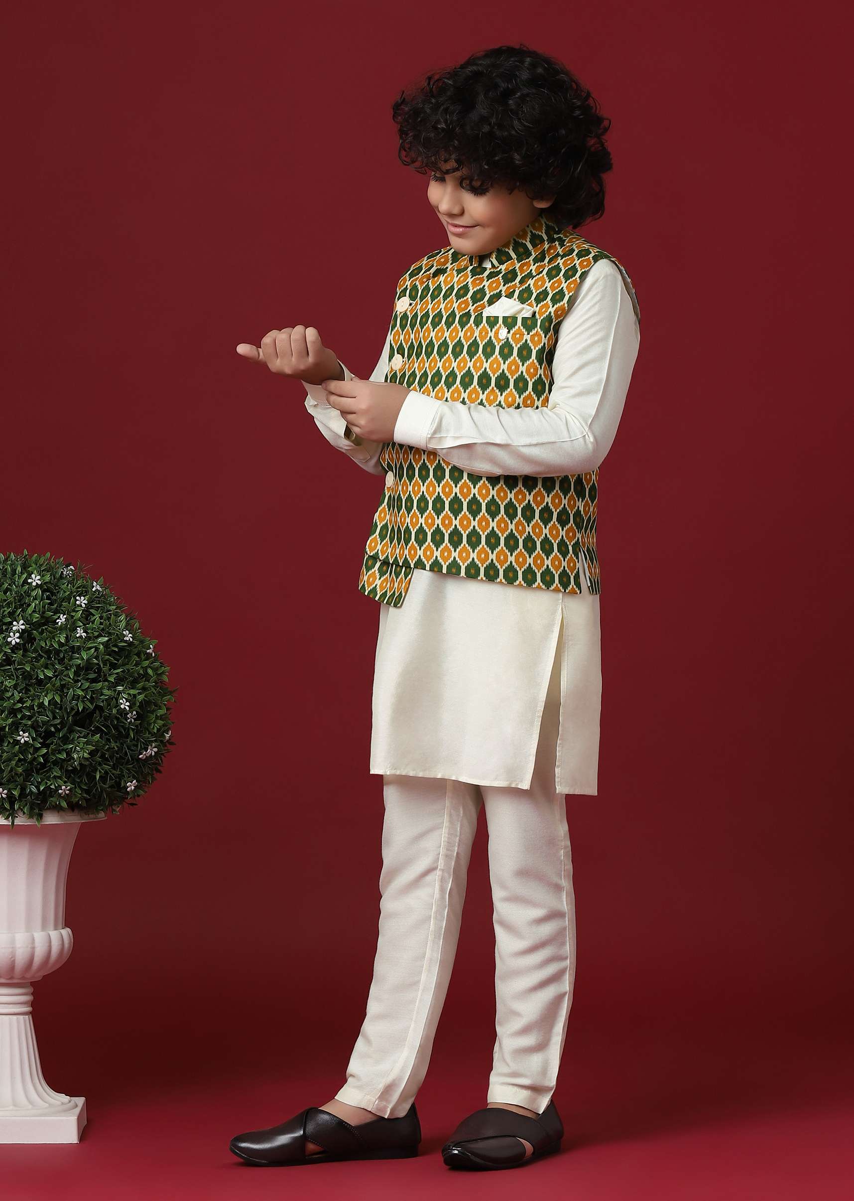 Multi-Colored Silk Jacket Kurta Set for Boys - Image 3