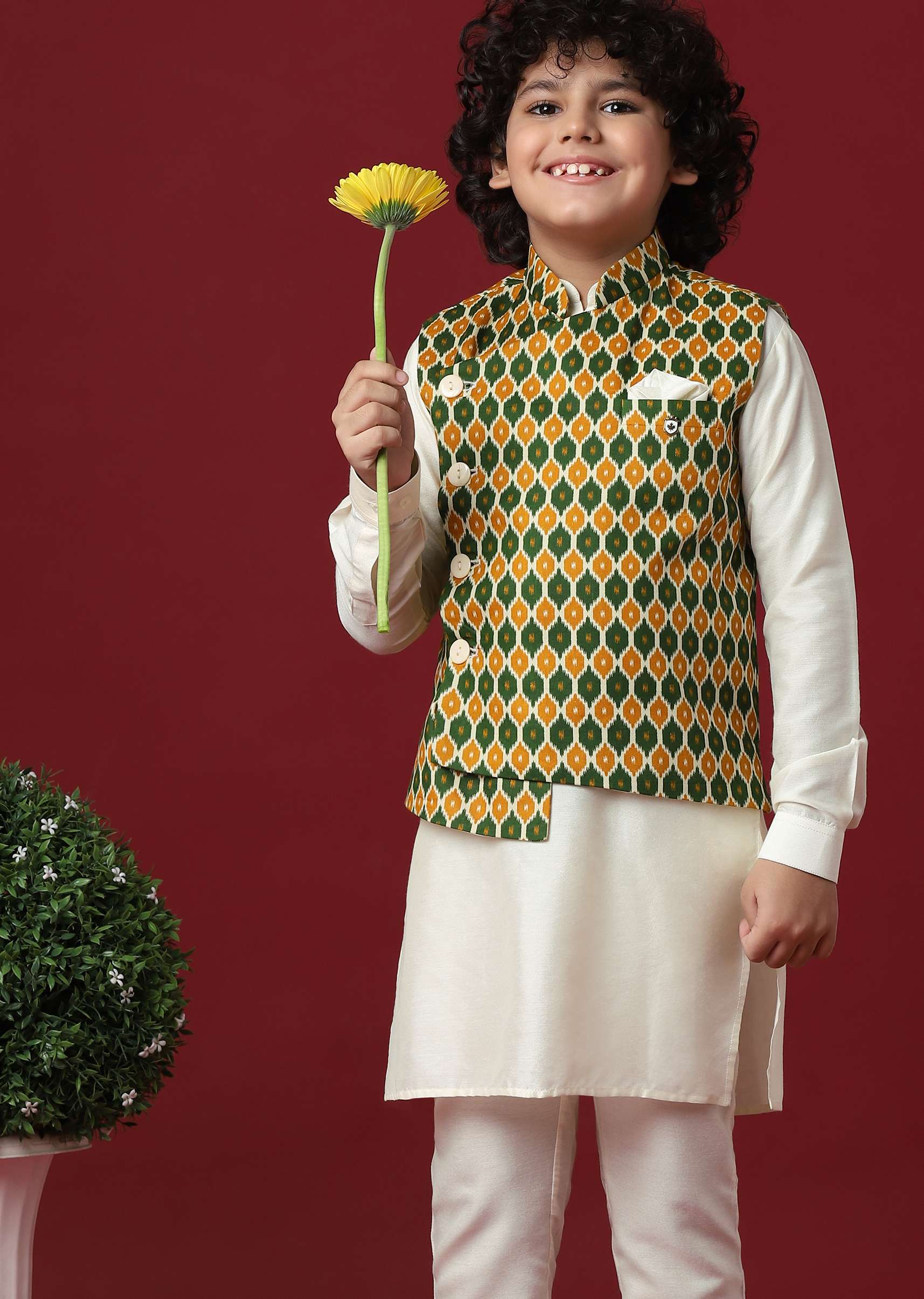 Multi-Colored Silk Jacket Kurta Set for Boys - Image 4