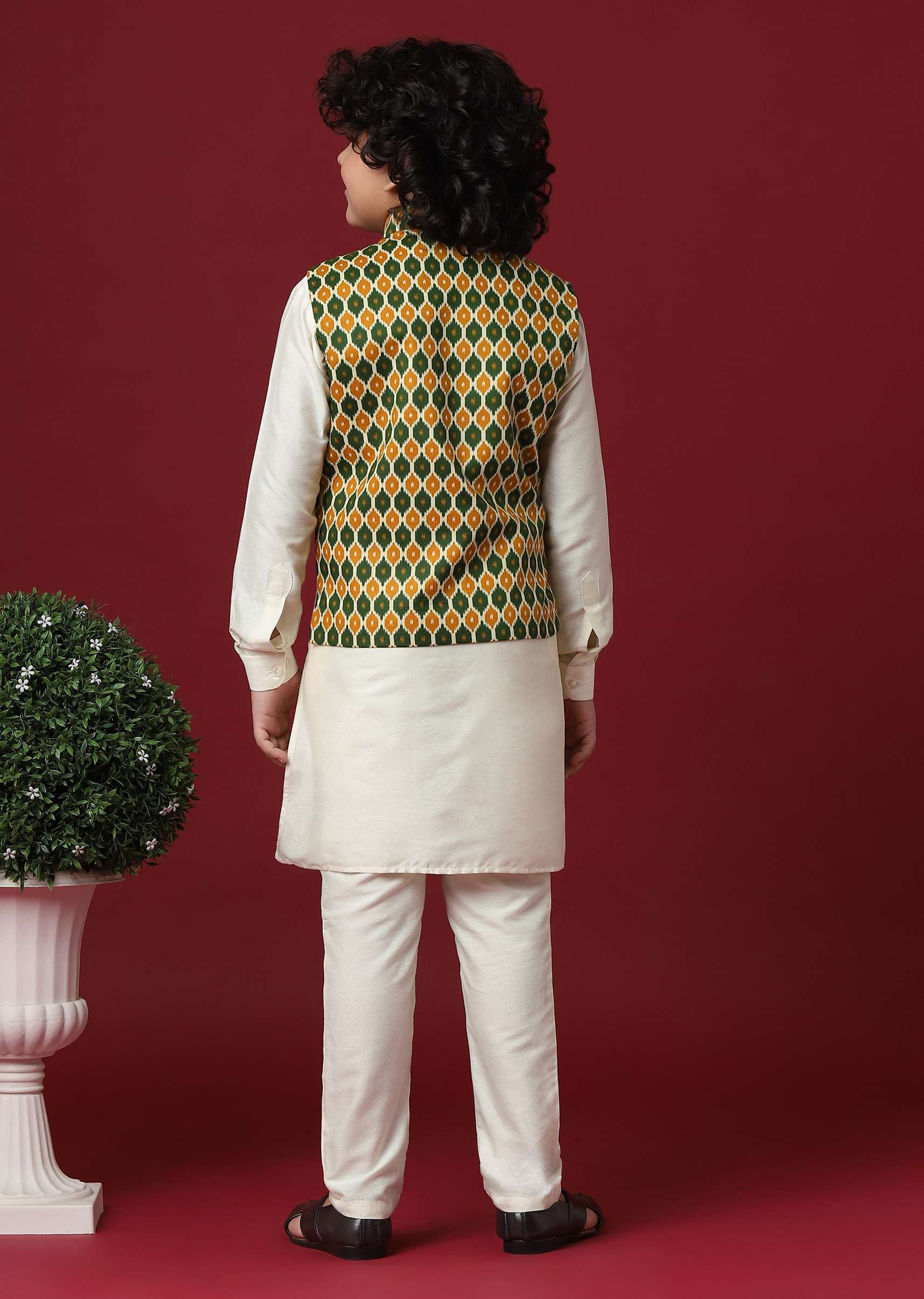 Multi-Colored Silk Jacket Kurta Set for Boys - Image 5