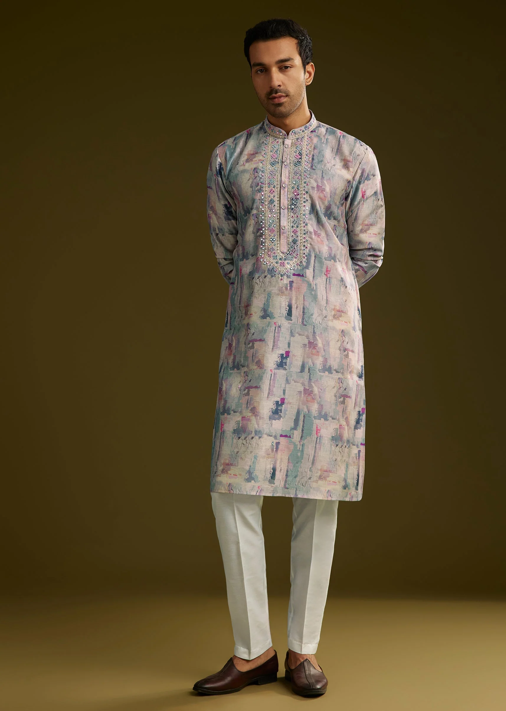 Multi Colored Silk Kurta Set With Abstract Print - Image 2