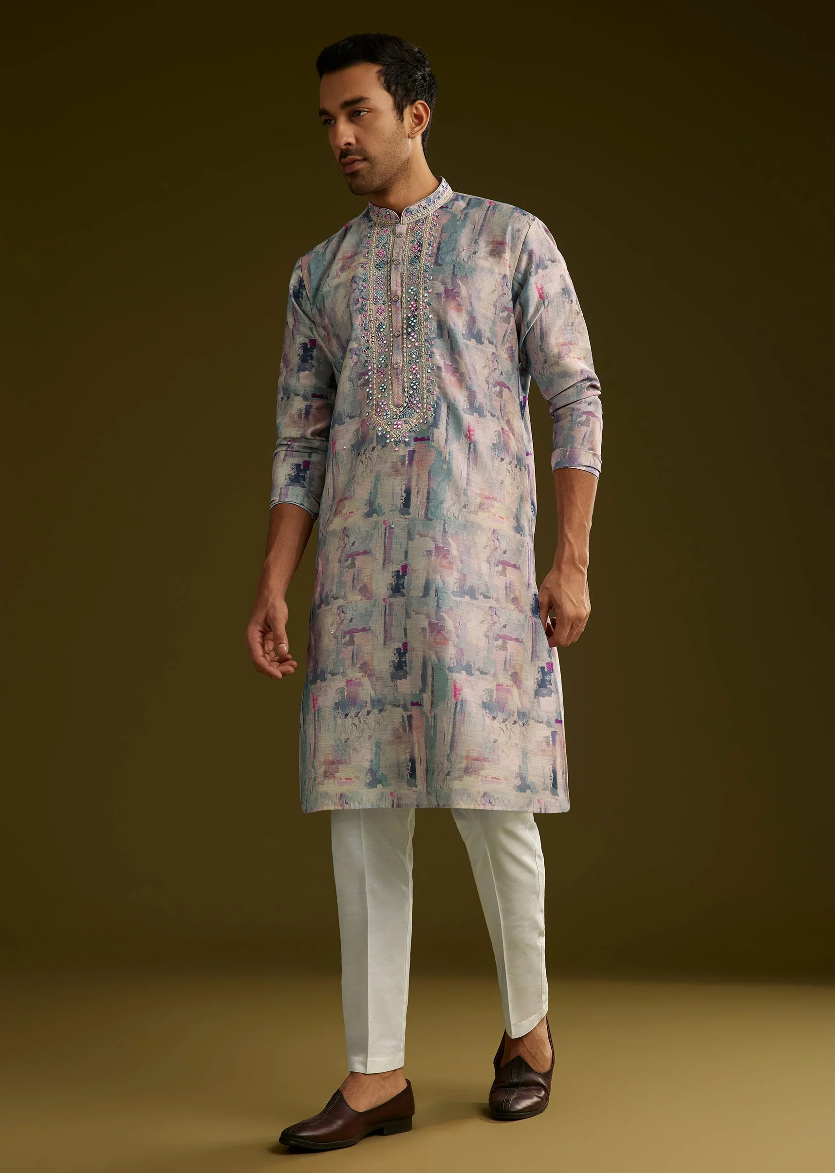 Multi Colored Silk Kurta Set With Abstract Print - Image 4