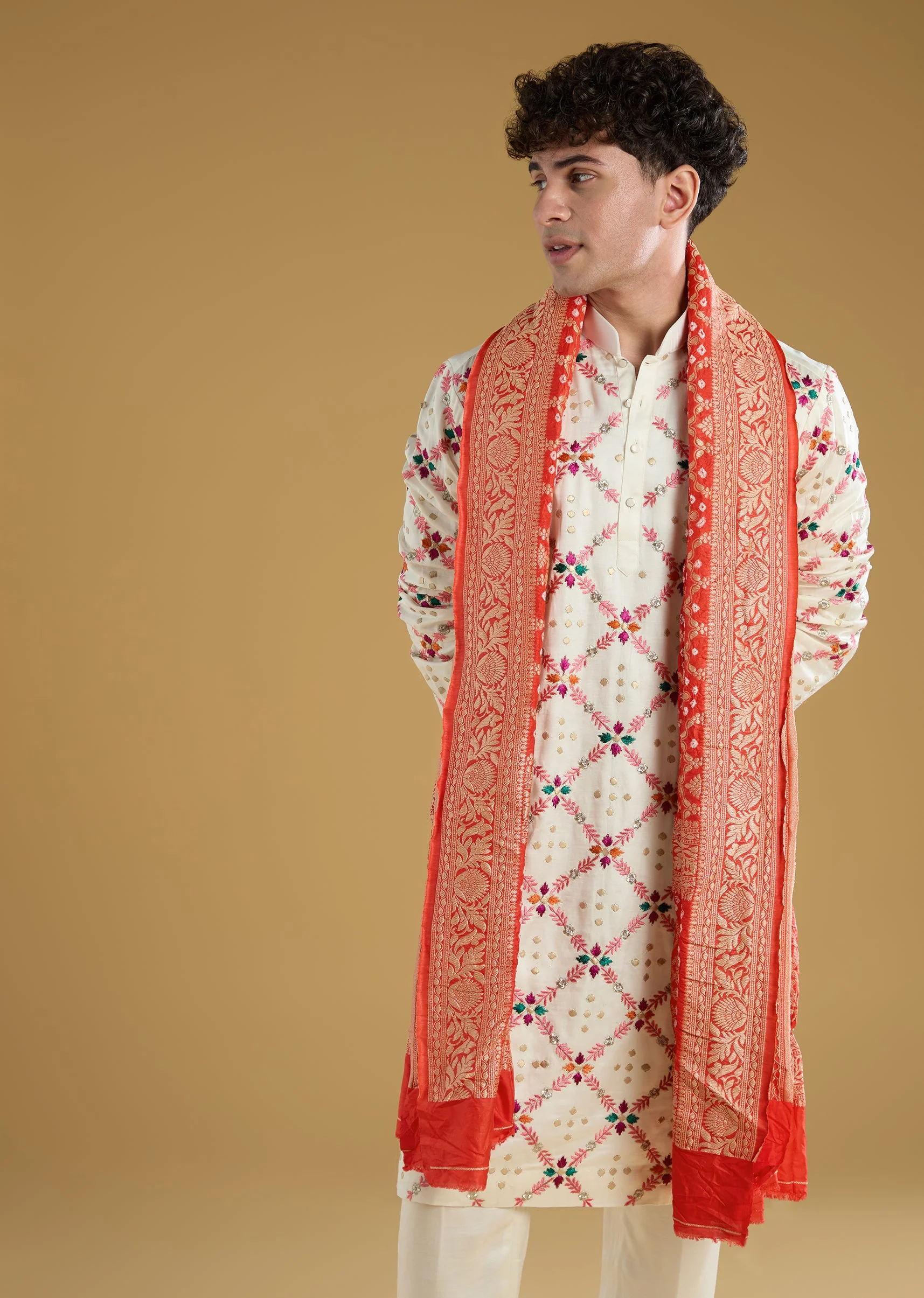 Multi Colored Silk Kurta Set With Thread Detail Work