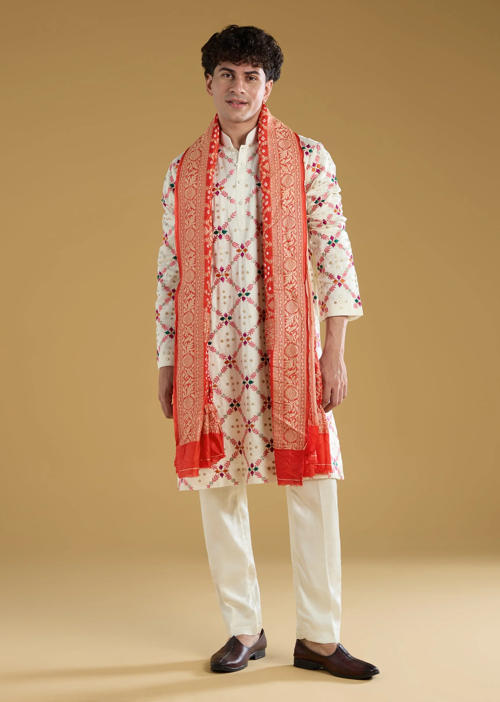 Multi Colored Silk Kurta Set With Thread Detail Work - Image 2
