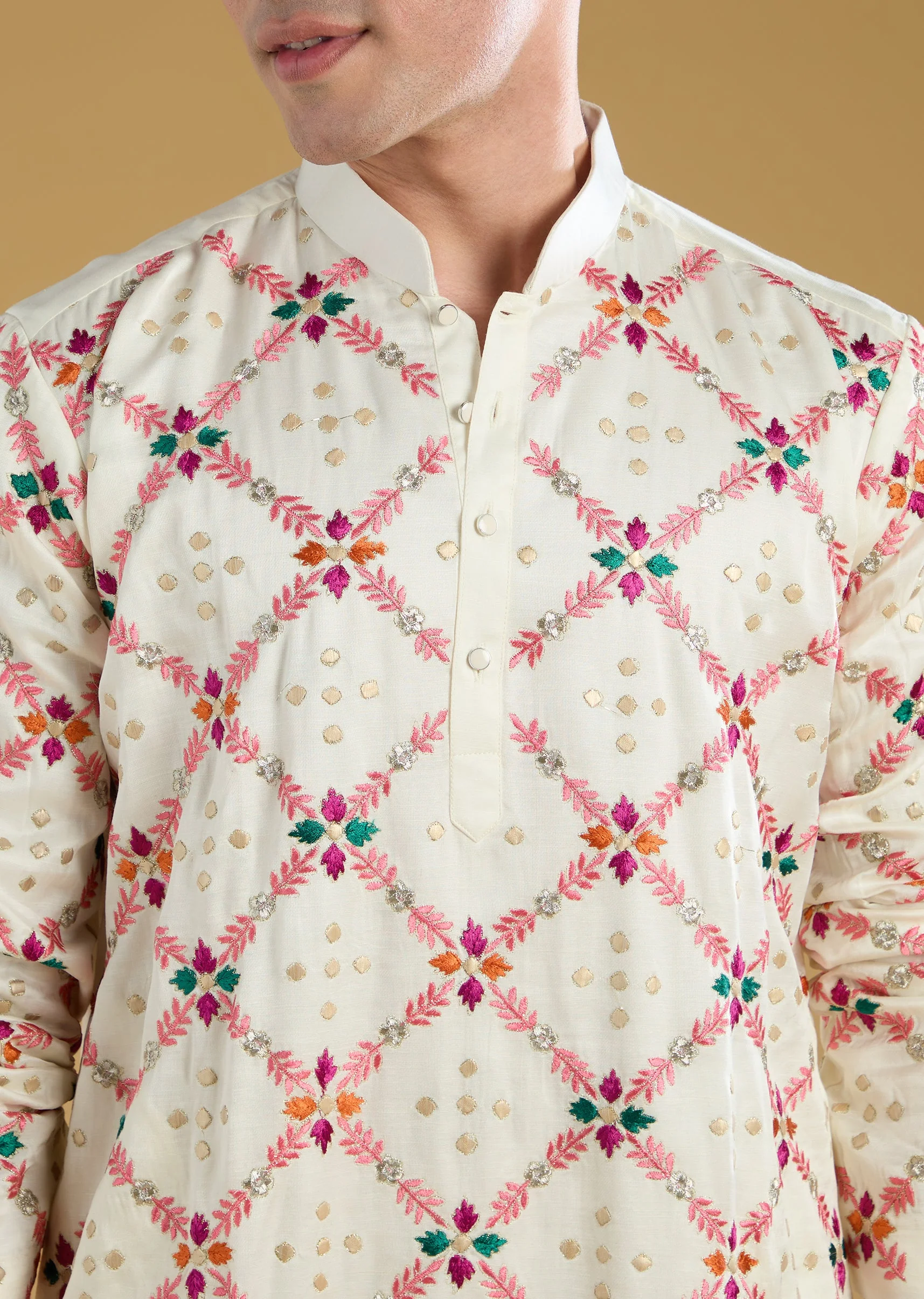 Multi Colored Silk Kurta Set With Thread Detail Work - Image 3