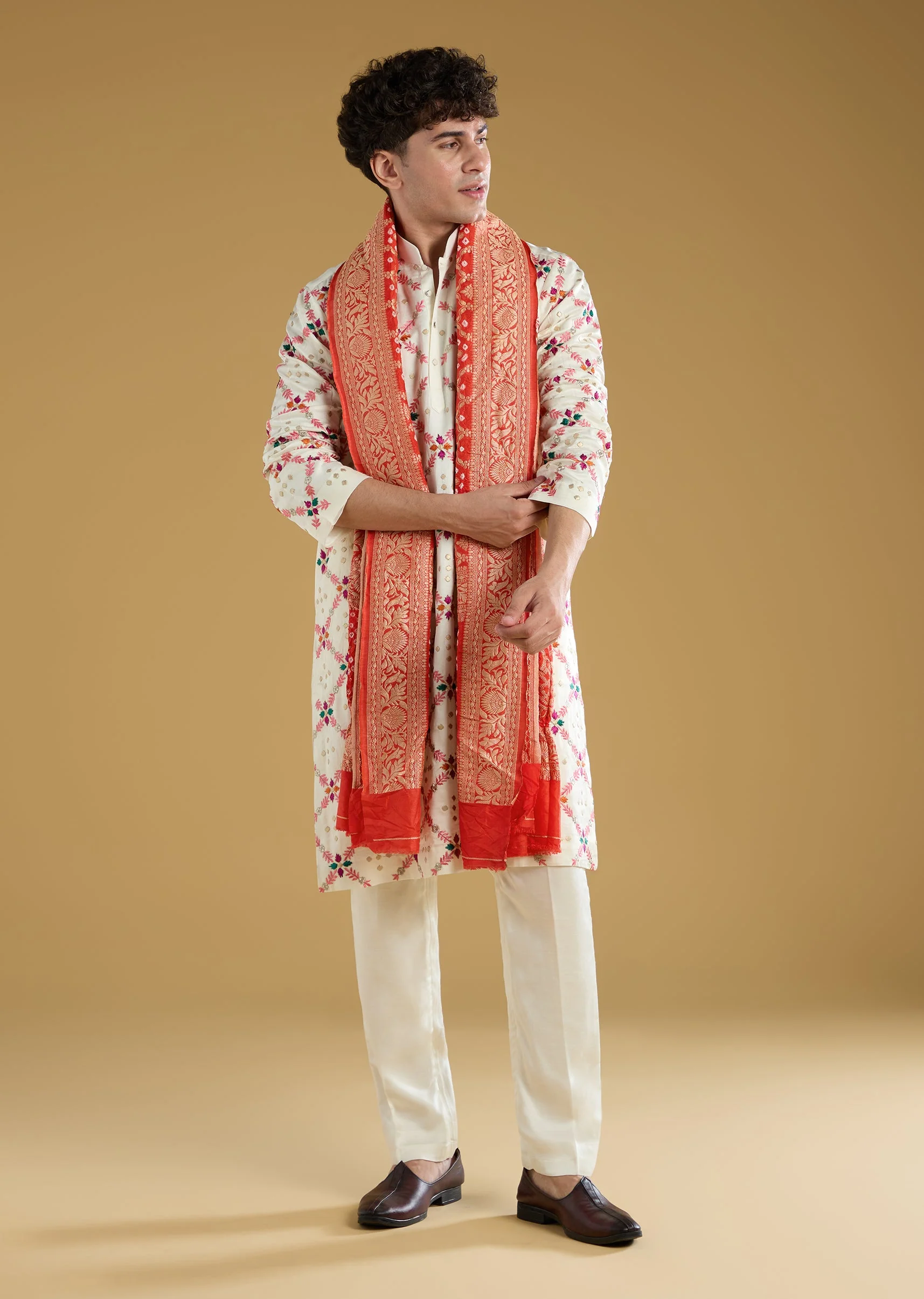 Multi Colored Silk Kurta Set With Thread Detail Work - Image 4