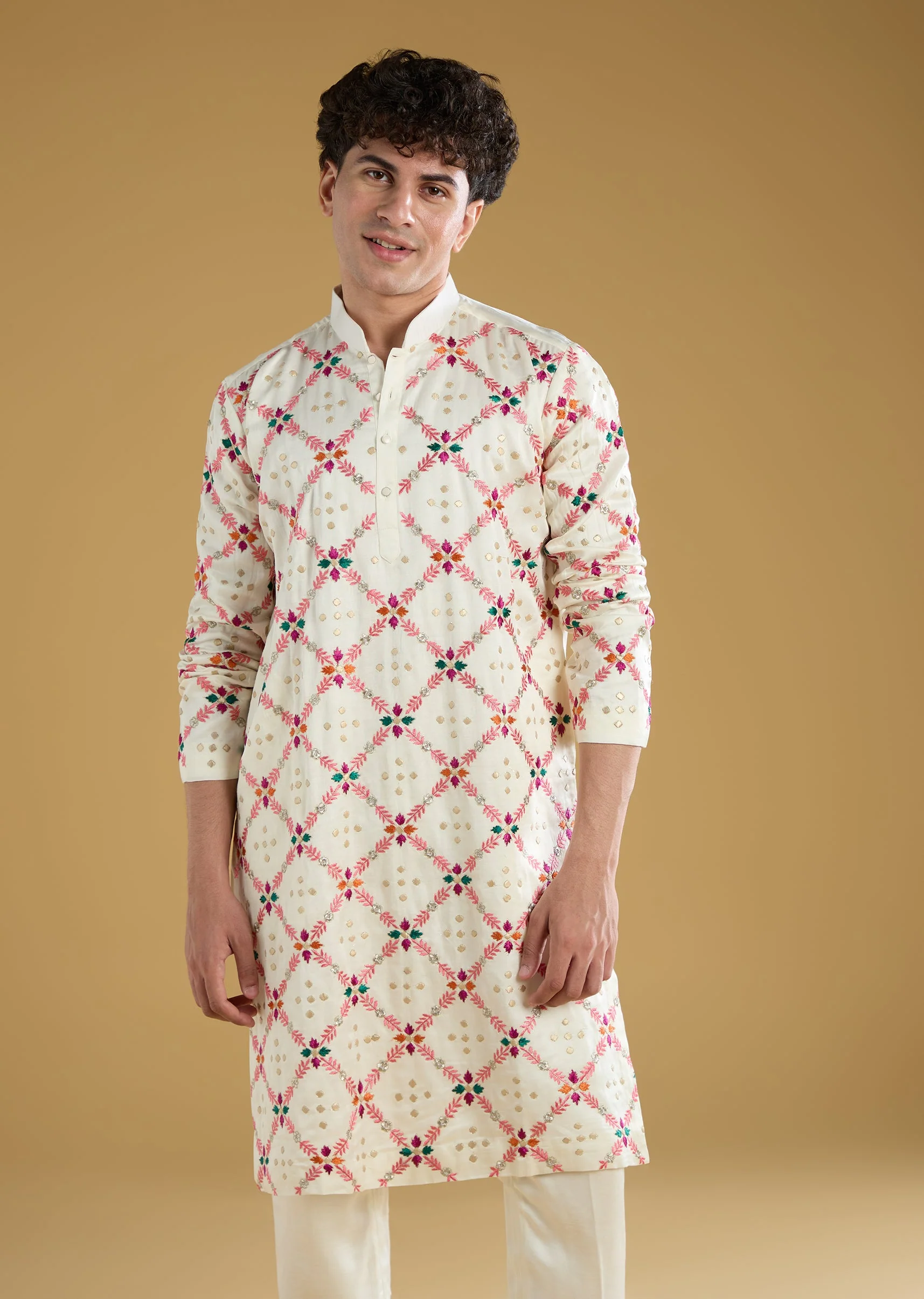 Multi Colored Silk Kurta Set With Thread Detail Work - Image 6