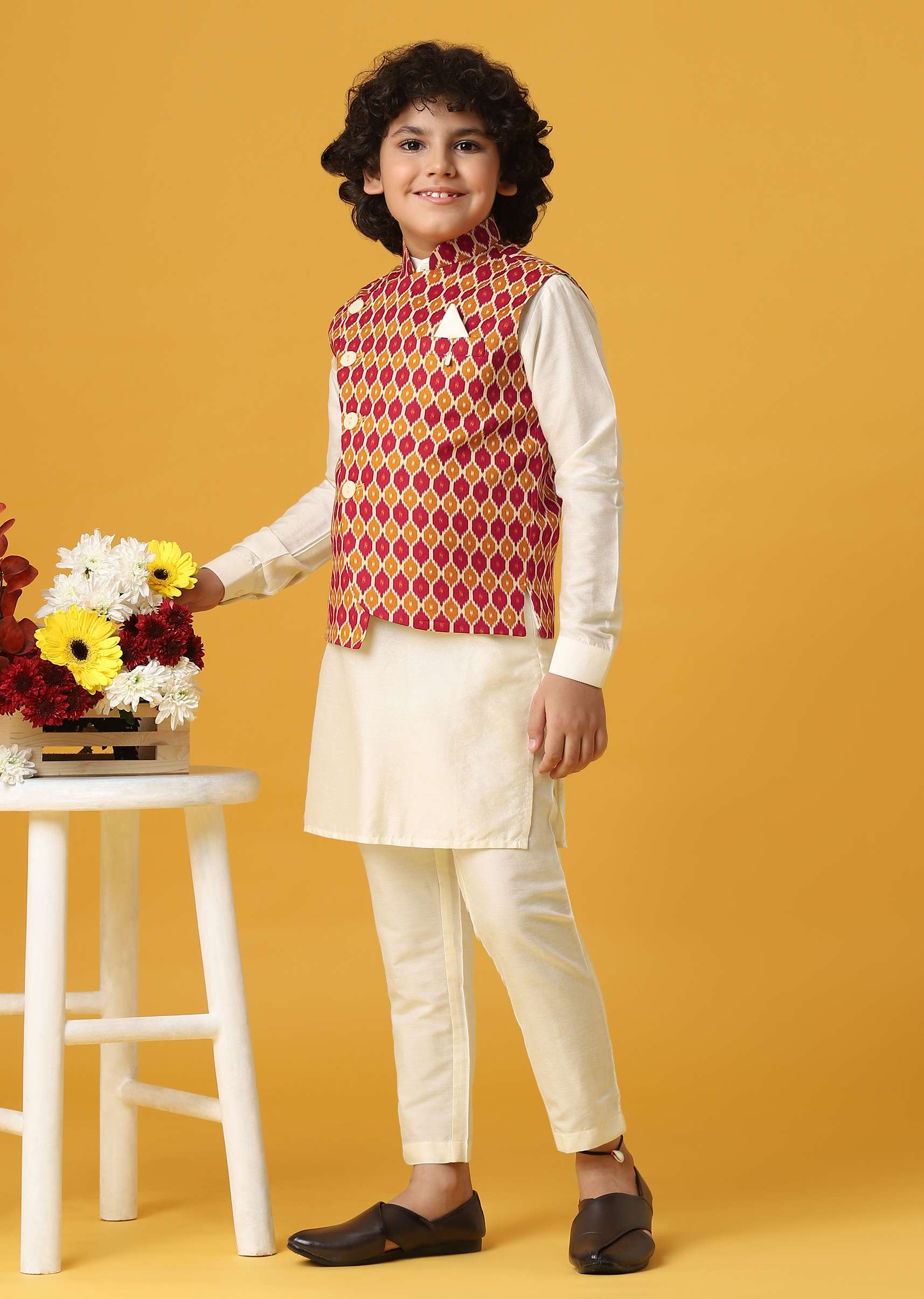 Multi Colored Silk Printed Jacket Kurta Set For Boys - Image 2