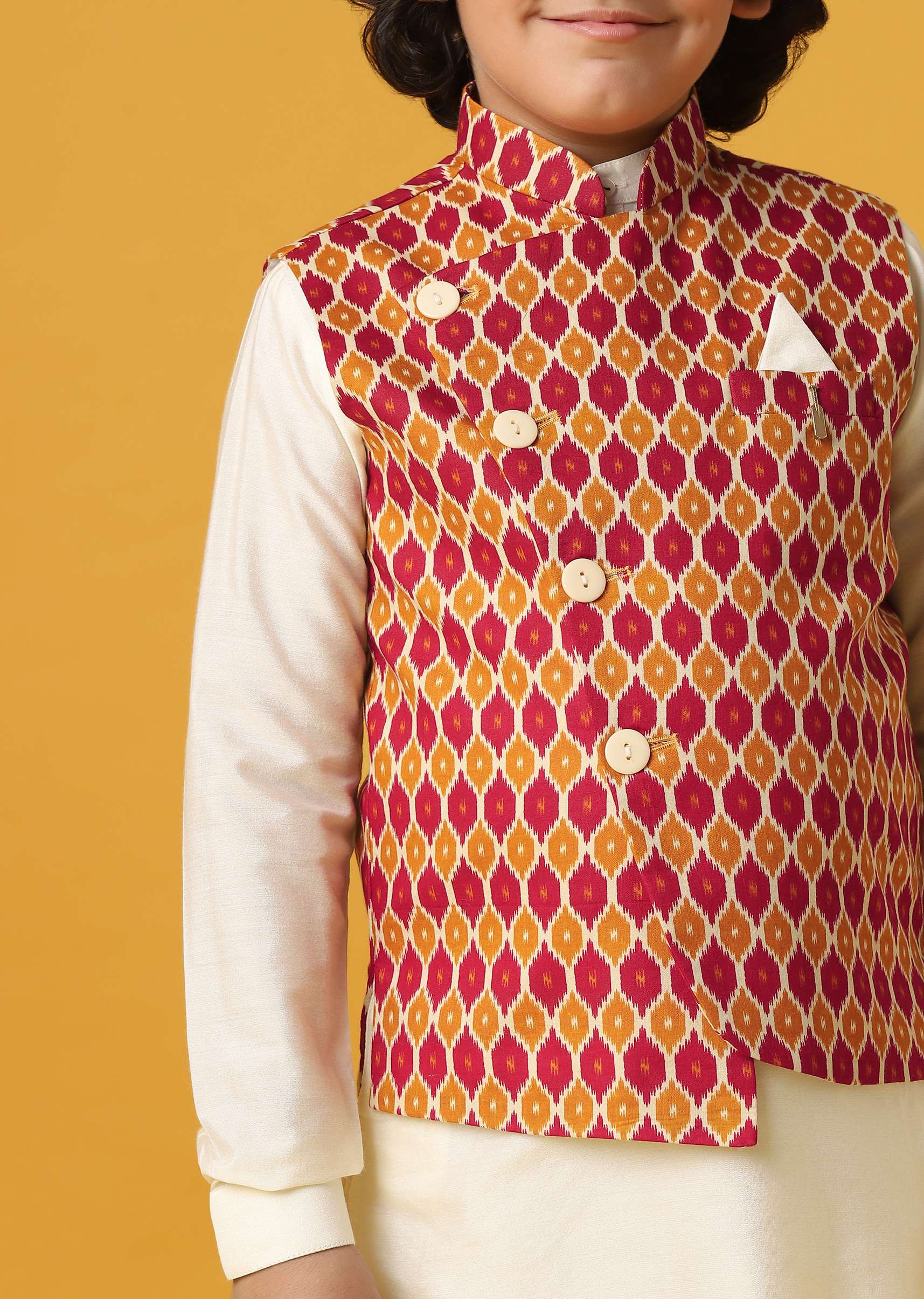 Multi Colored Silk Printed Jacket Kurta Set For Boys - Image 3