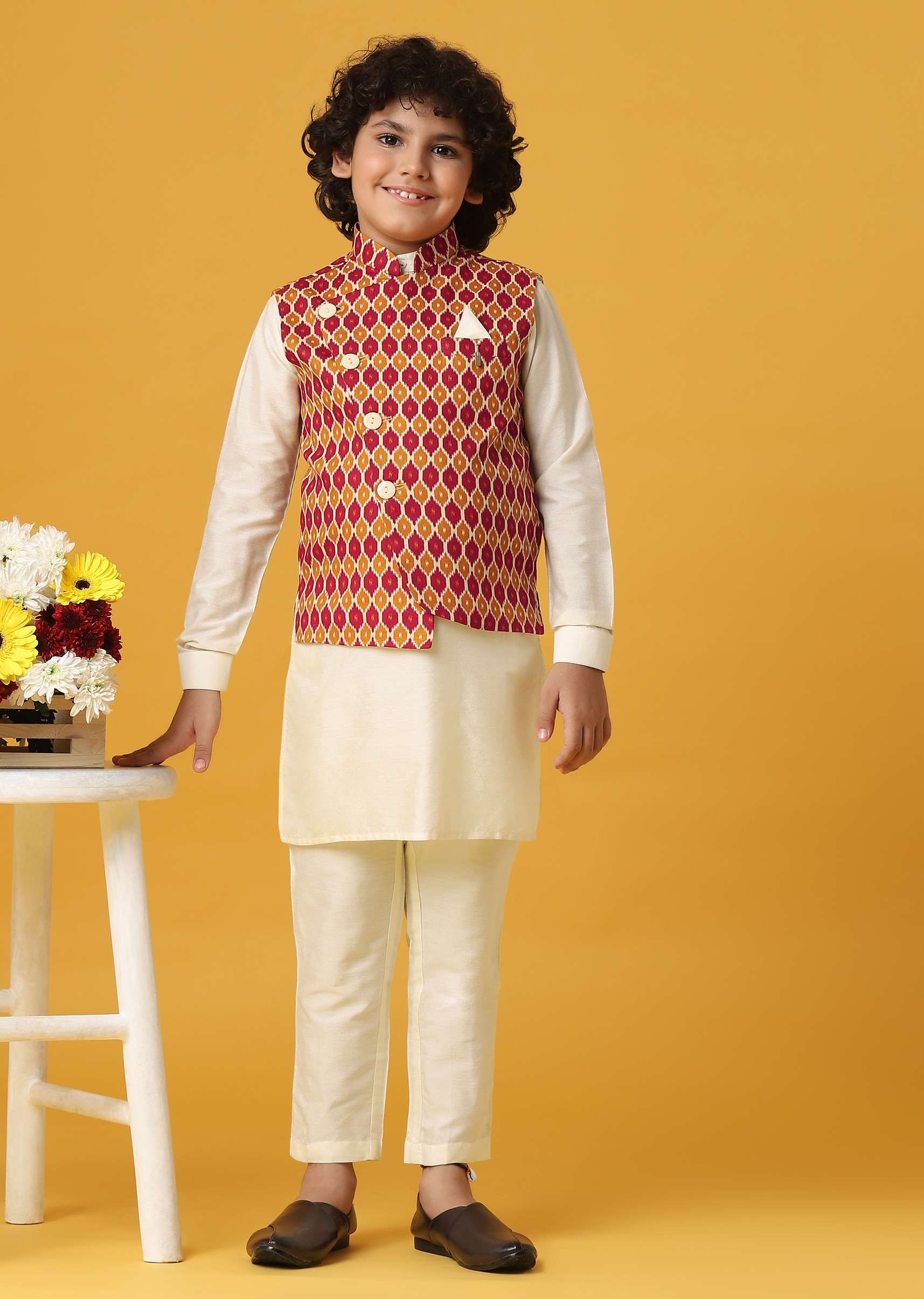 Multi Colored Silk Printed Jacket Kurta Set For Boys - Image 4