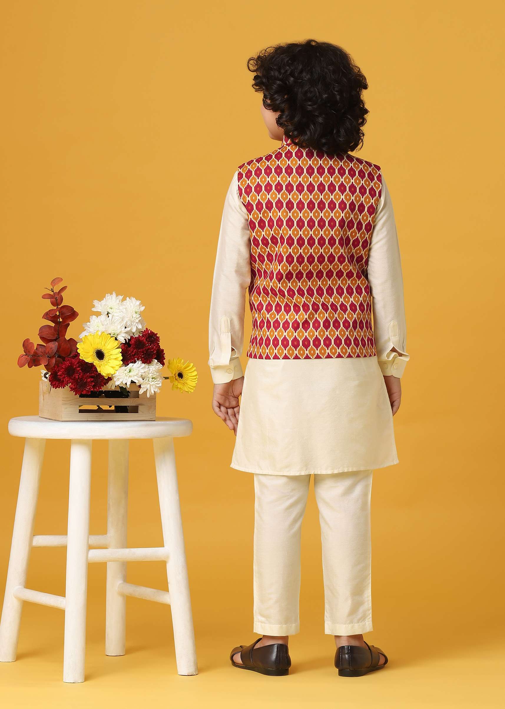 Multi Colored Silk Printed Jacket Kurta Set For Boys - Image 5