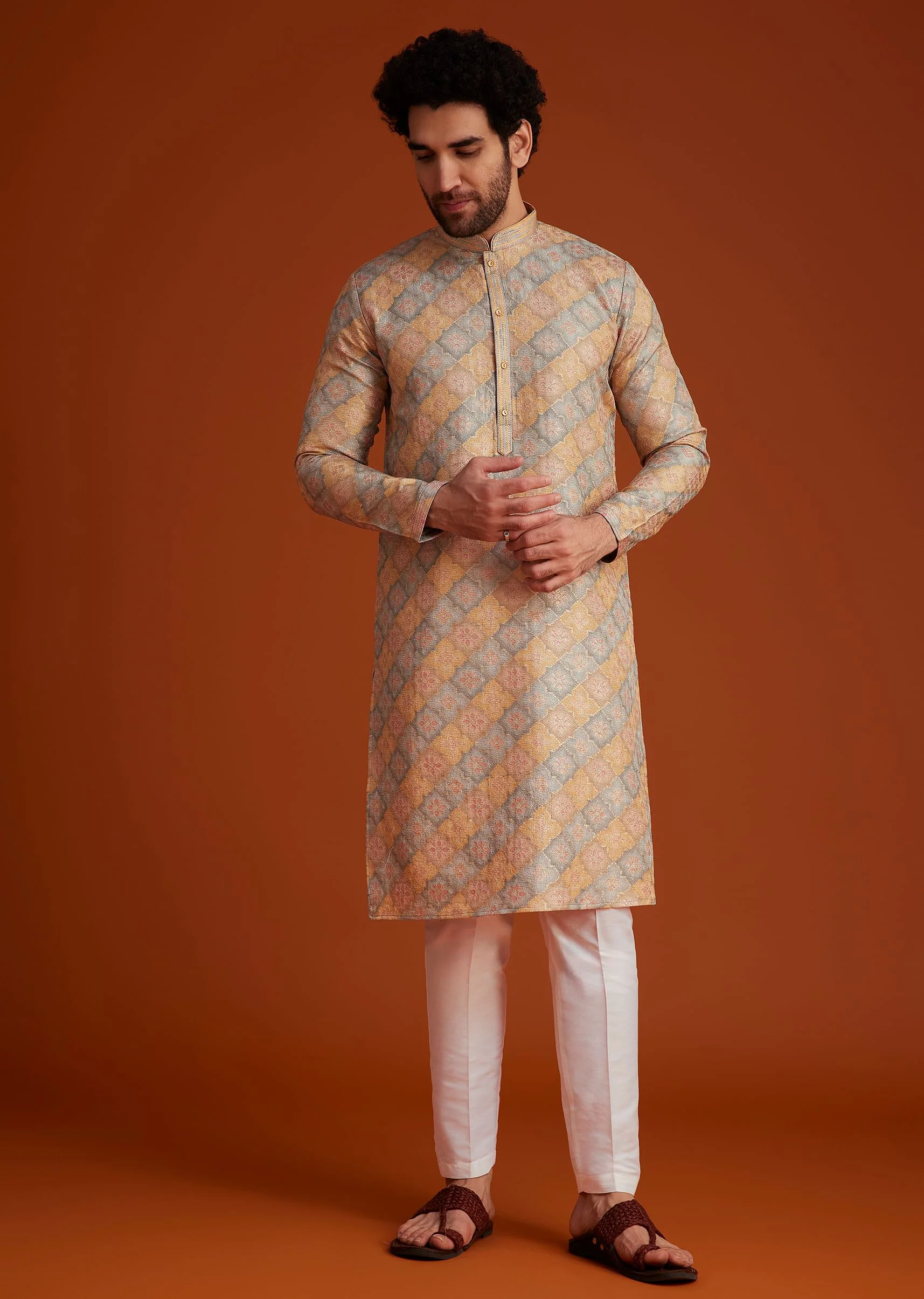 Multi Colour Brocade Kurta Pajama Set - Image 2