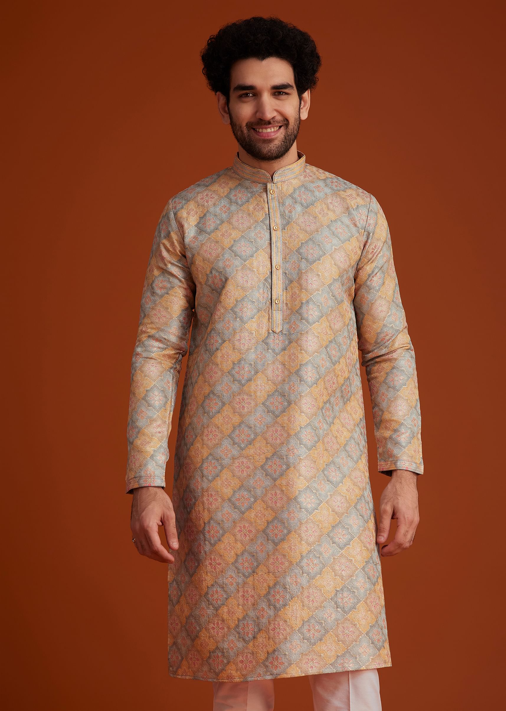 Multi Colour Brocade Kurta Pajama Set - Image 3