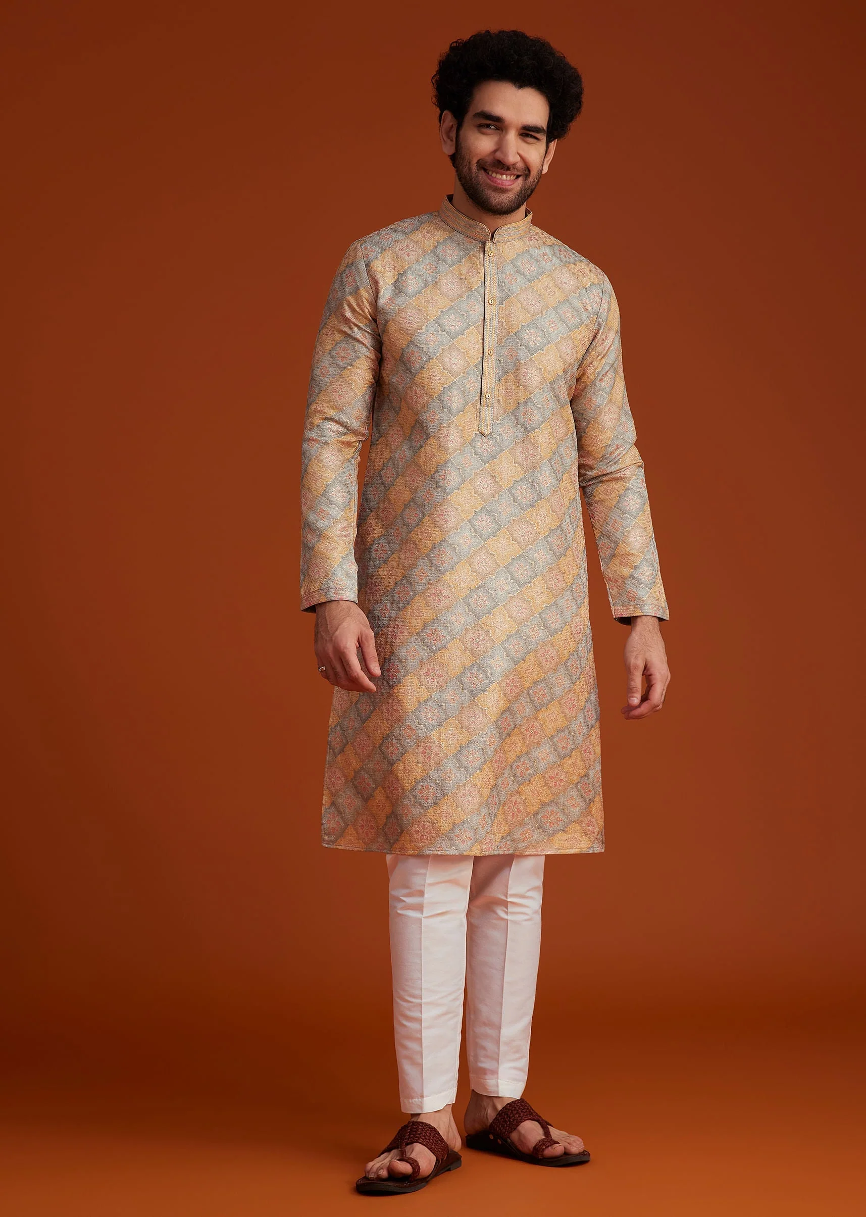 Multi Colour Brocade Kurta Pajama Set - Image 4