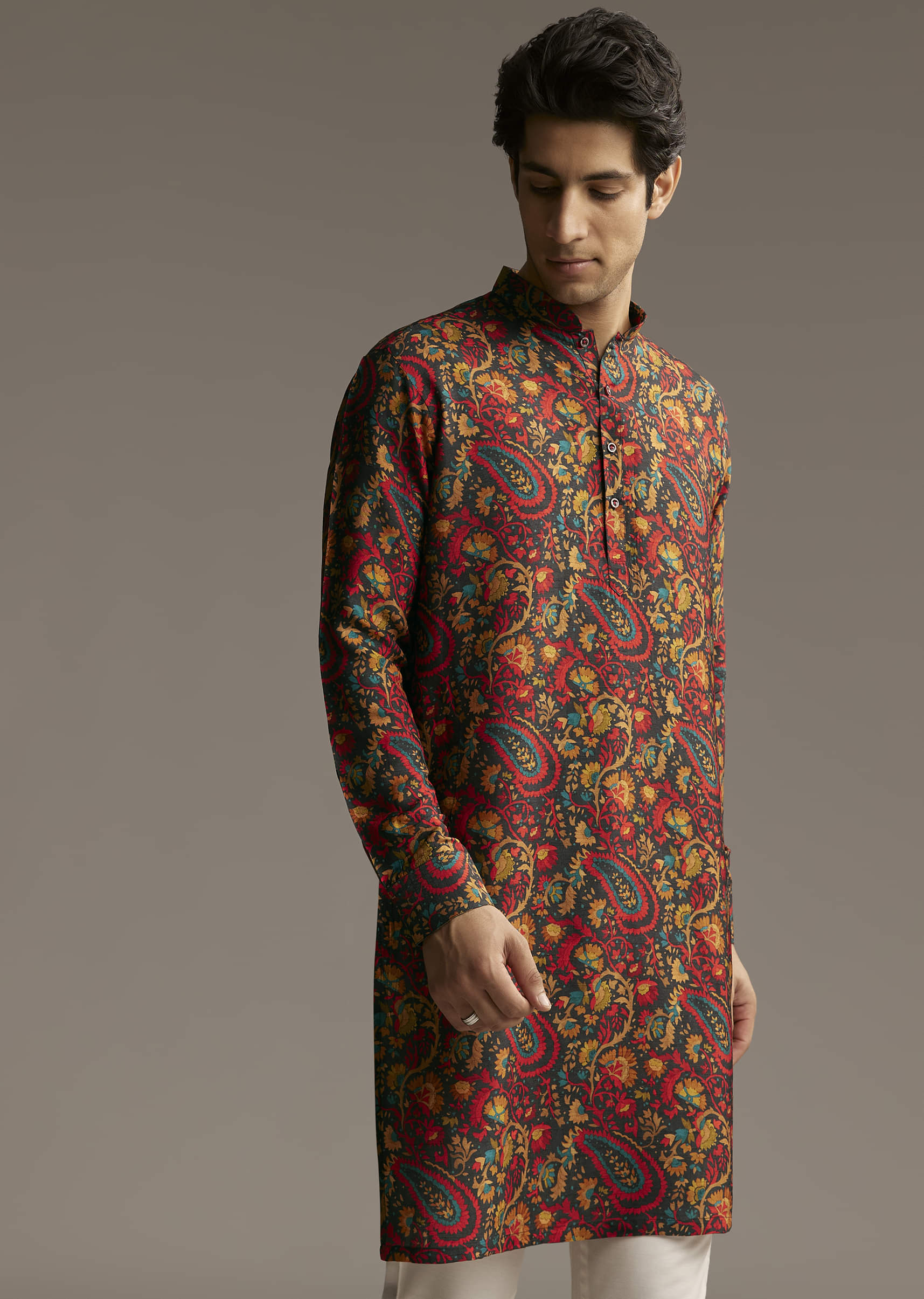 Multi Colour Silk Designer Kurta For Men With Paisley And Floral Print