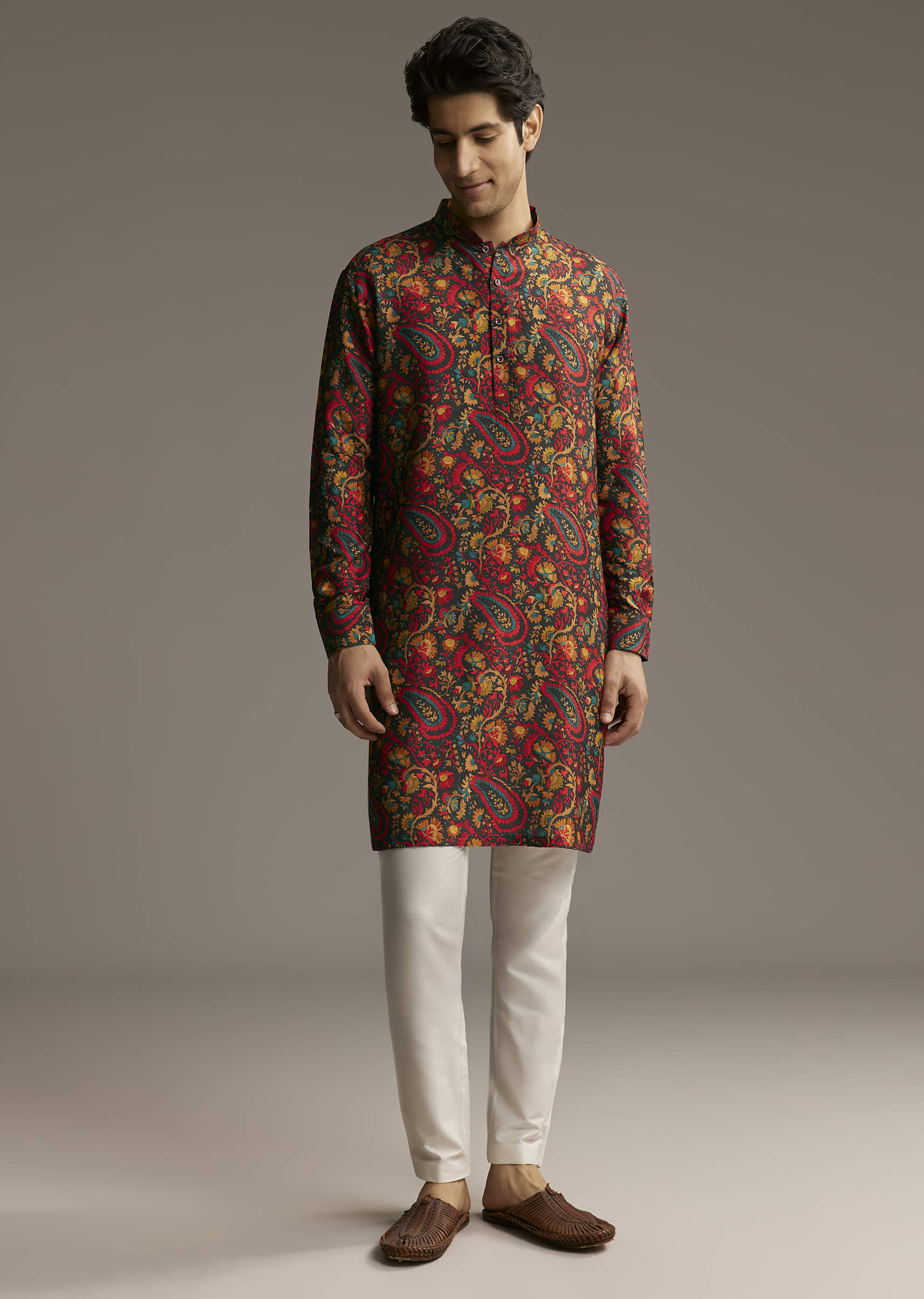 Multi Colour Silk Designer Kurta For Men With Paisley And Floral Print - Image 2
