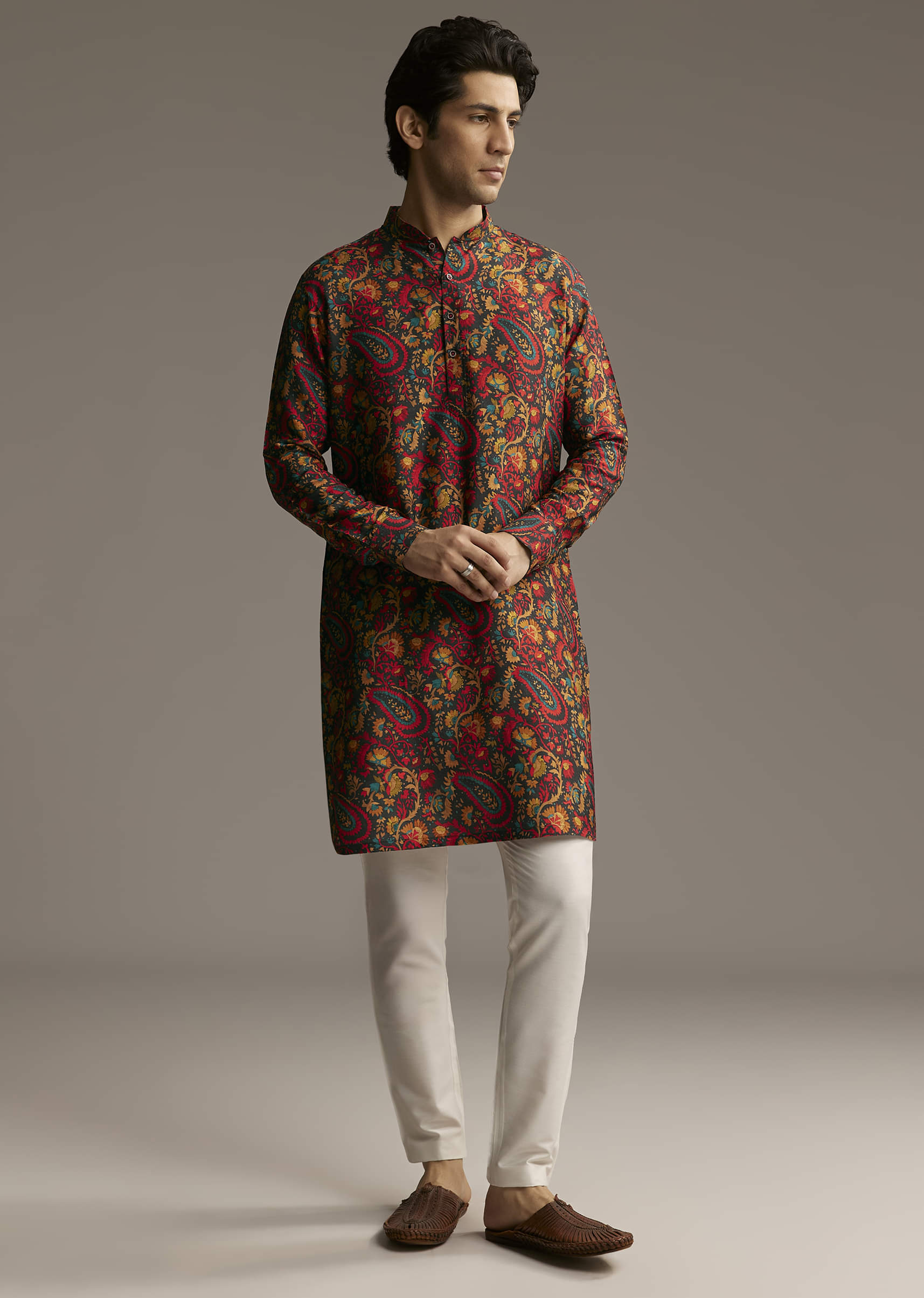 Multi Colour Silk Designer Kurta For Men With Paisley And Floral Print - Image 4