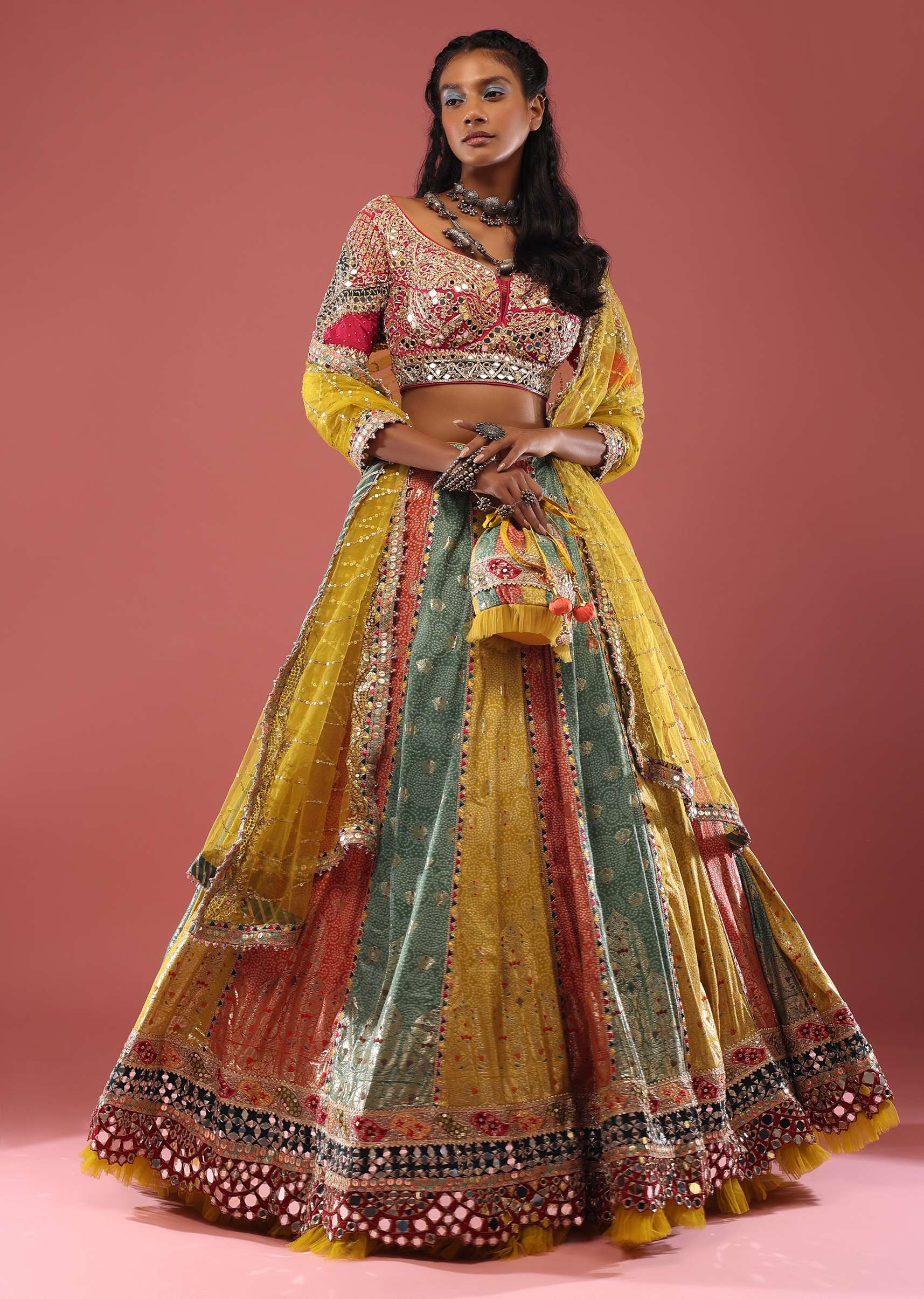 Multi Coloured Brocade Lehenga With Bandhani Print And Heavy Mirror Work On The Border - Image 4